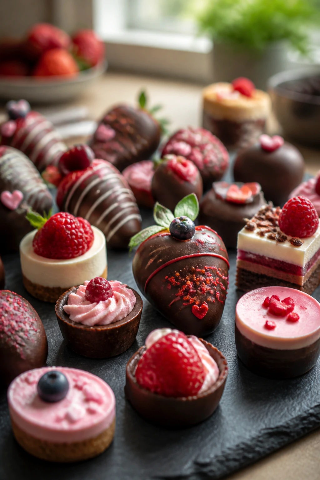 Close-up of a compact tray of Valentine desserts on a dark board