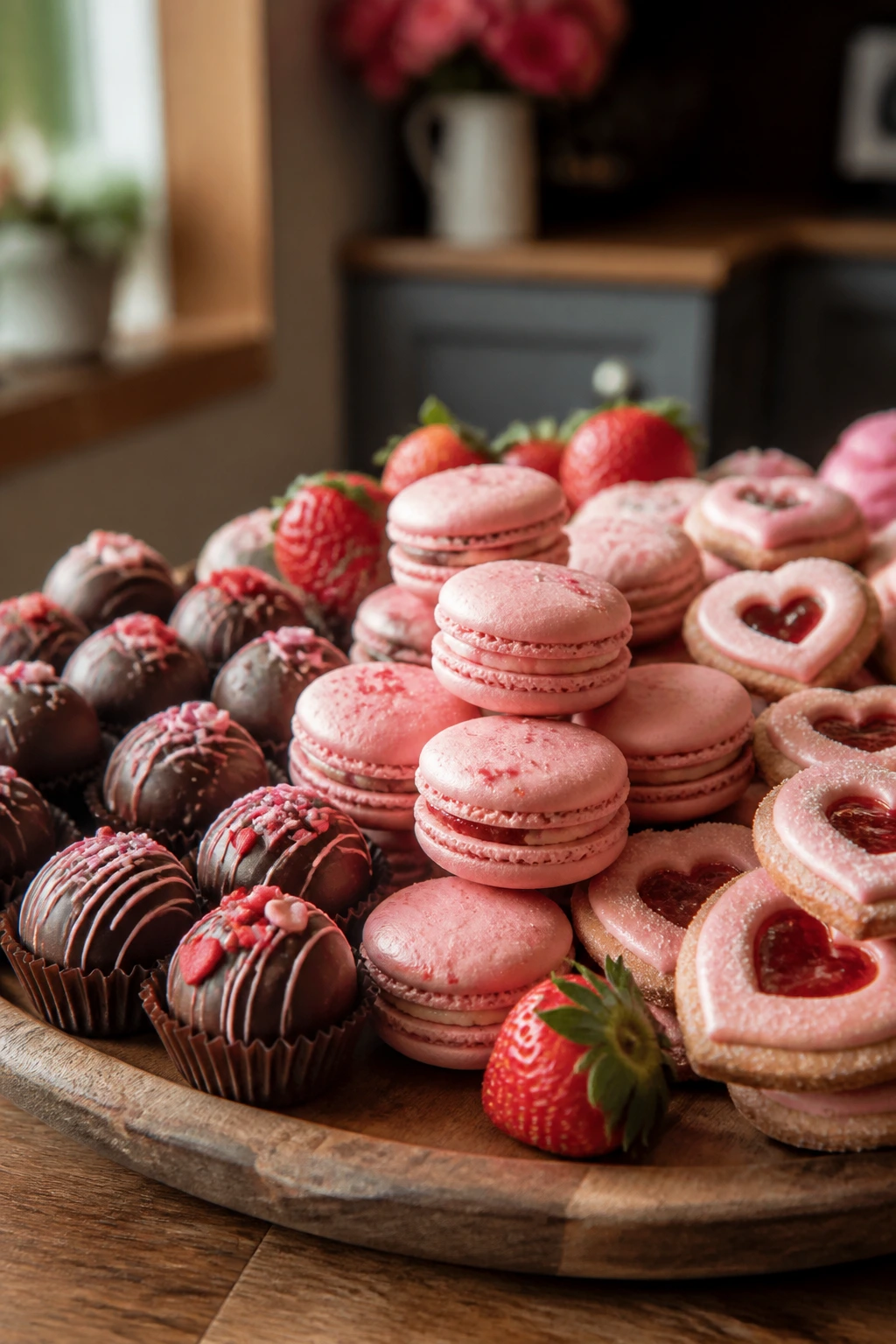 Close-up of a platter of Valentine desserts on a wooden board