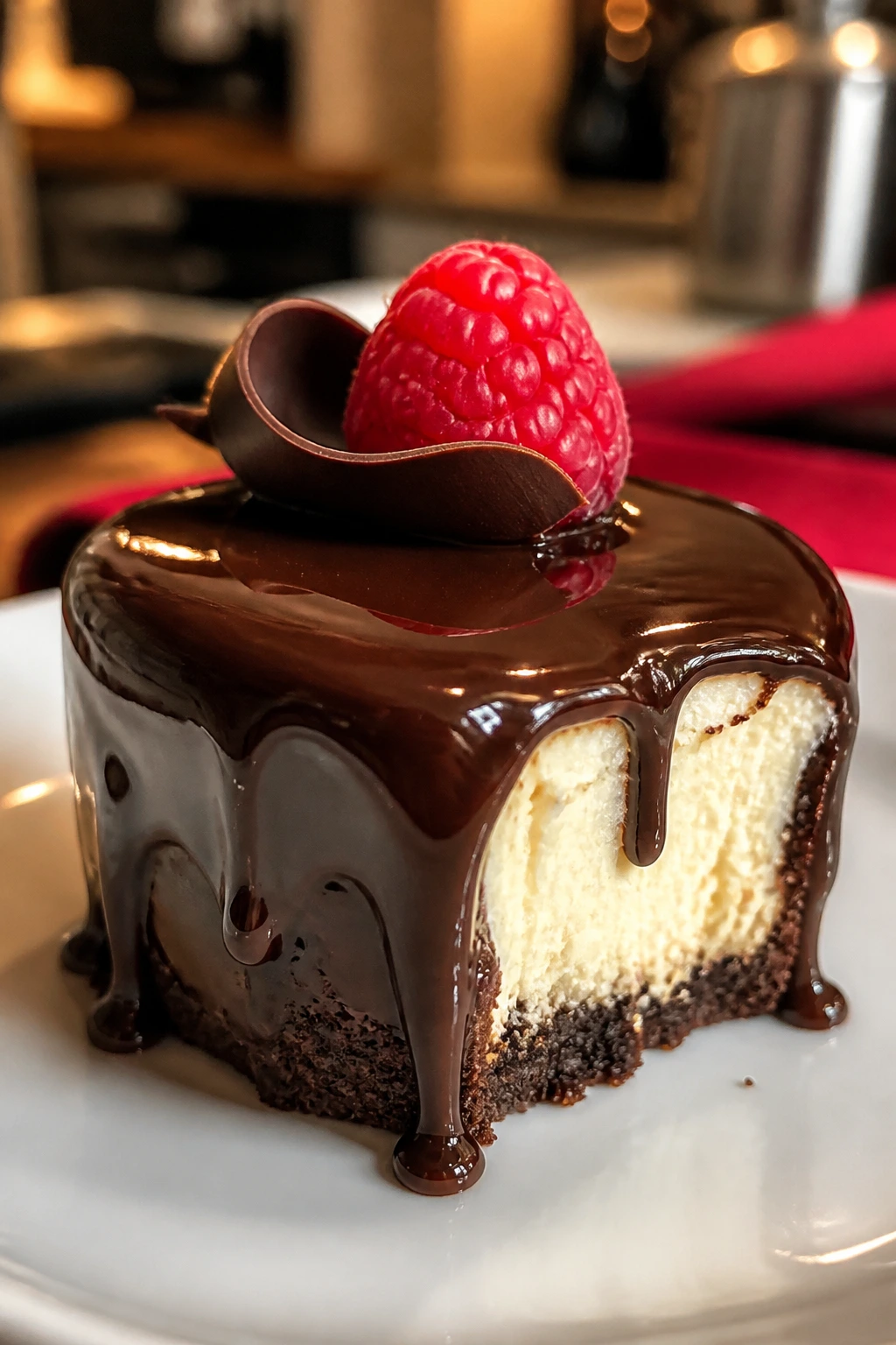 Close-up of a chocolate dessert with berry on top and cream center on a plate