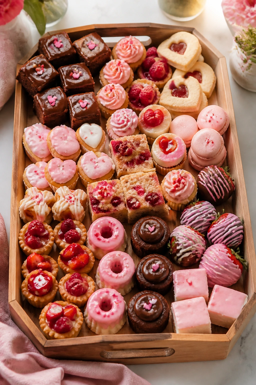 Top-down view of a tray with assorted small Valentine desserts
