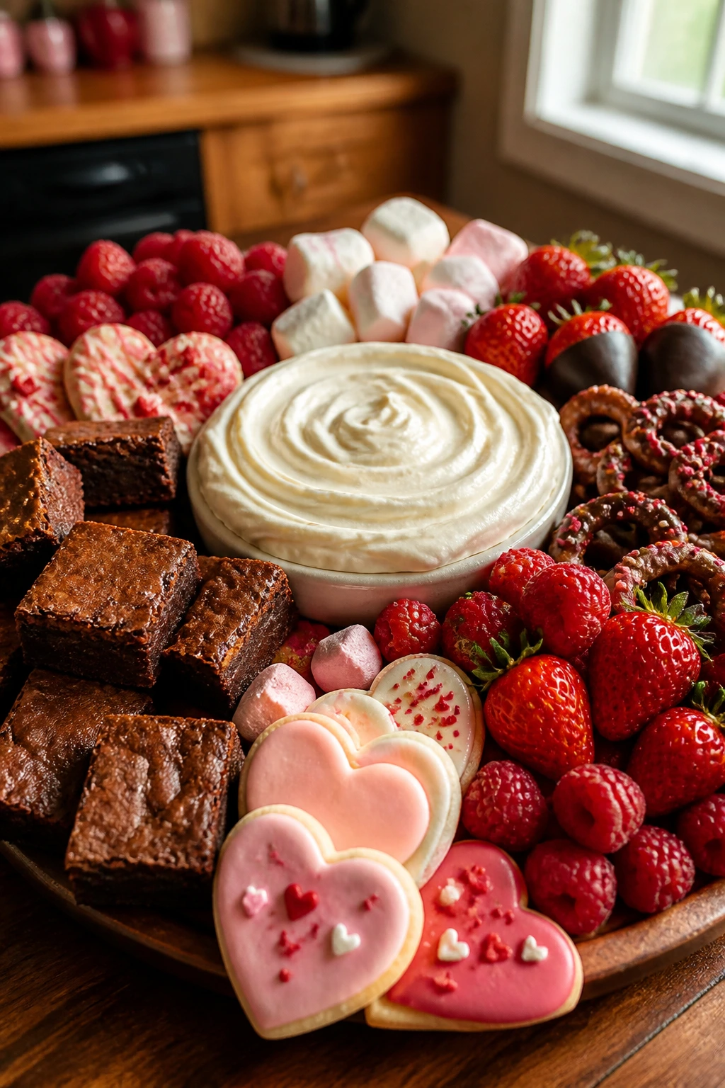 Close-up of a Valentines dessert board with brownies, cookies, berries, pretzels and a frosting centerpiece
