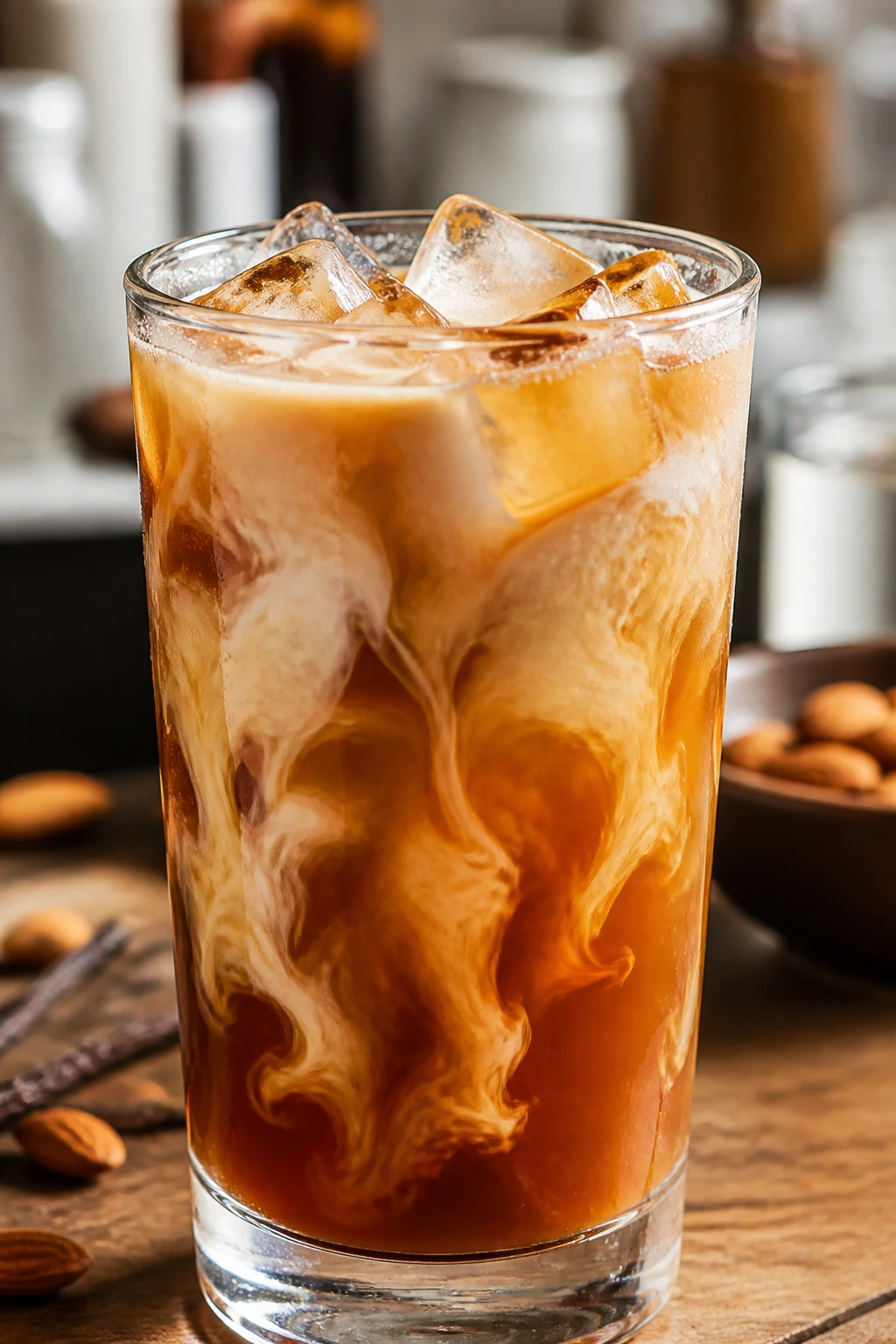 Creamy vanilla almond iced black tea in a glass