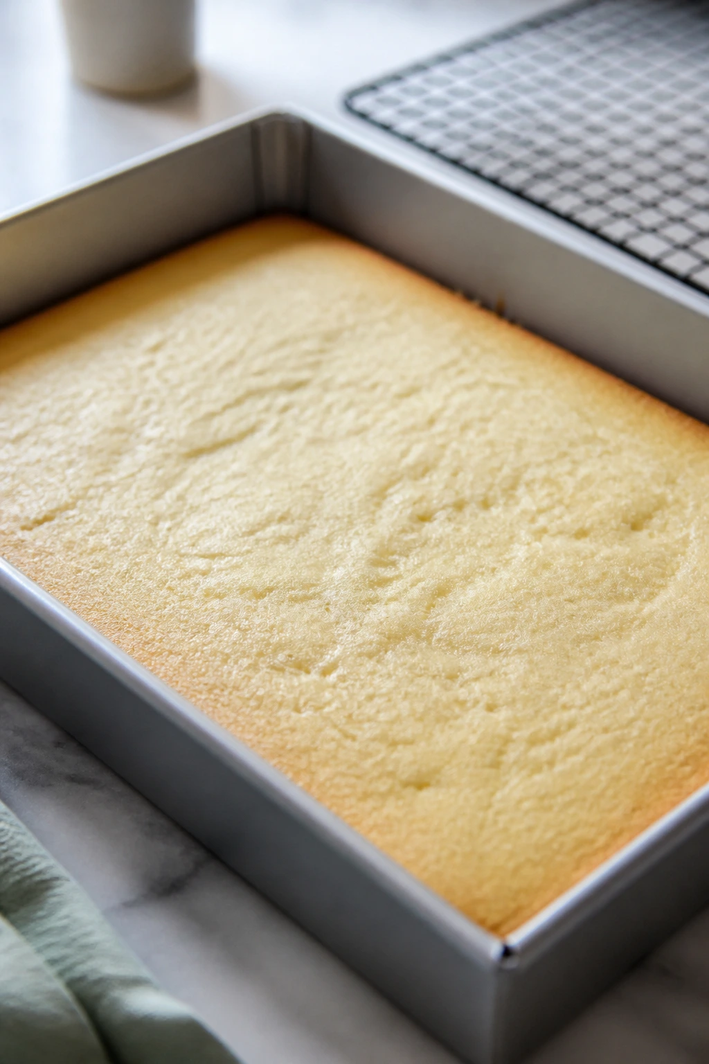 Close-up of pale vanilla sugar cookie bars in a pan with pale center and lightly golden edges