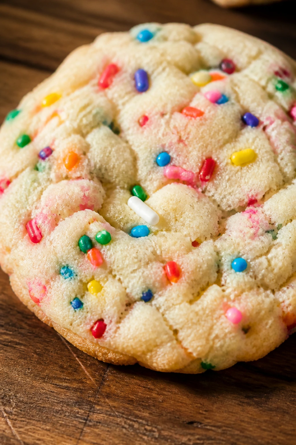 Close-up of vanilla bean confetti rainbow sugar cookie with colorful sprinkles