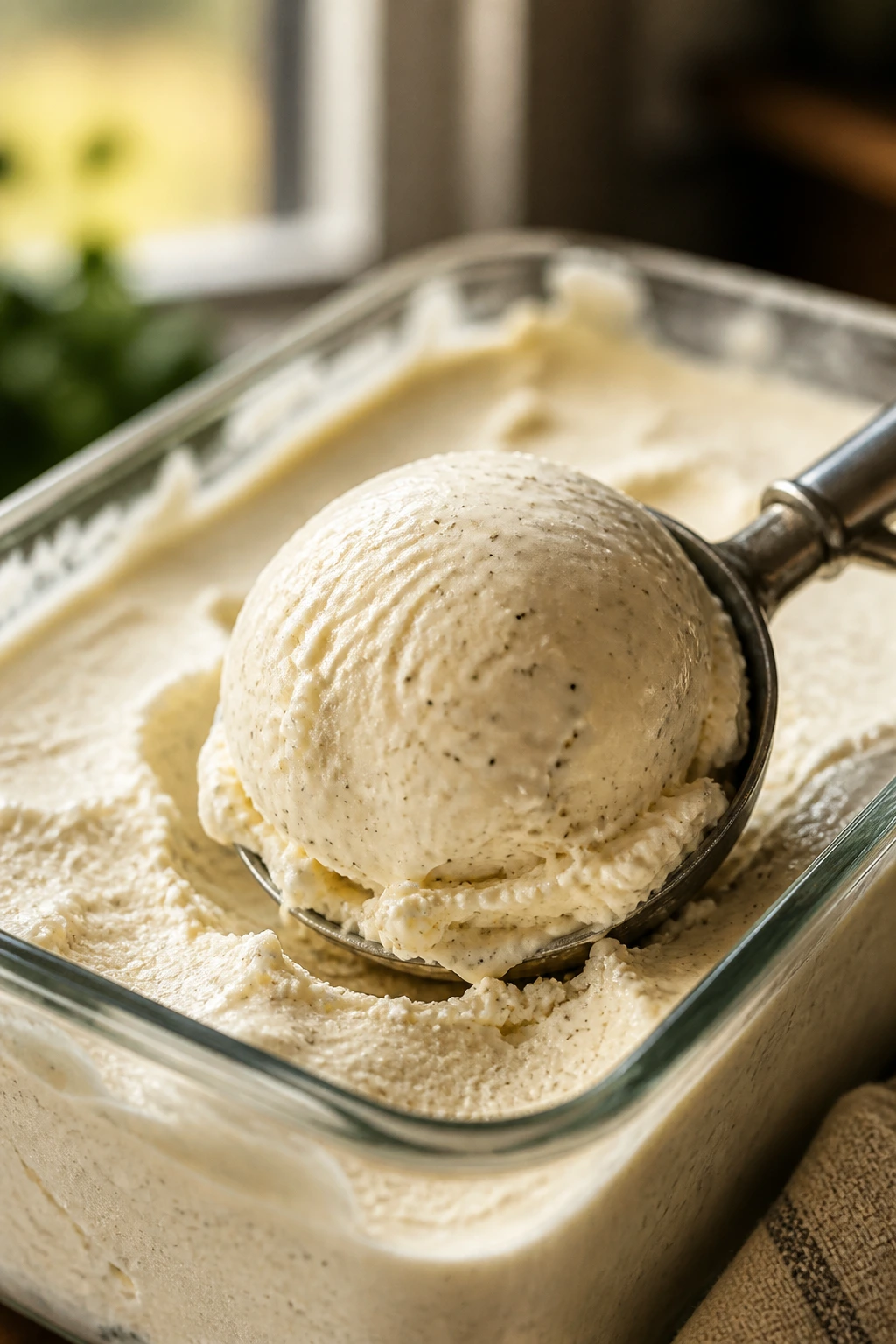 Close-up scoop of no-churn vanilla bean ice cream with vanilla specks