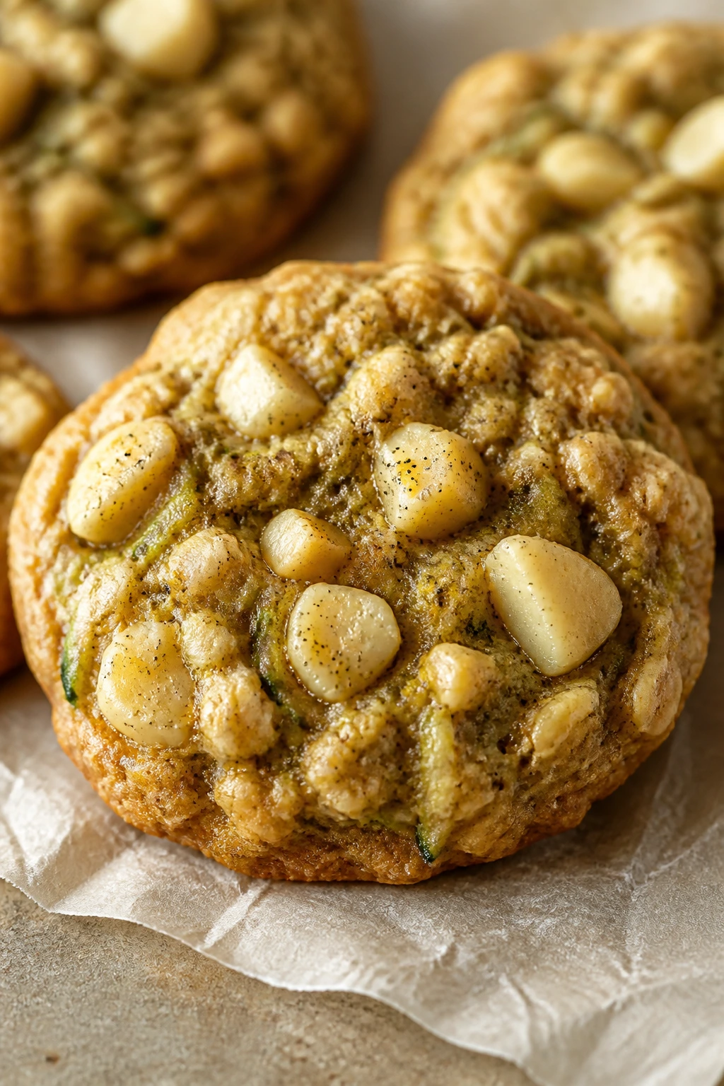 Close-up of vanilla bean macadamia zucchini oatmeal cookie