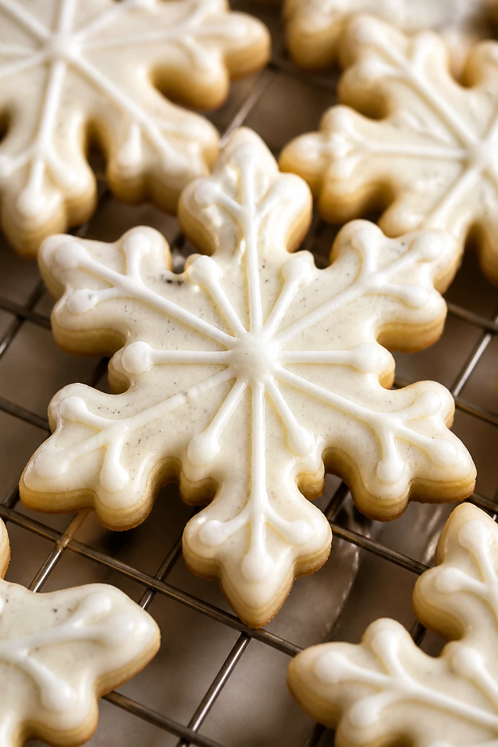 Vanilla bean snowflake cookies with white icing on cooling rack