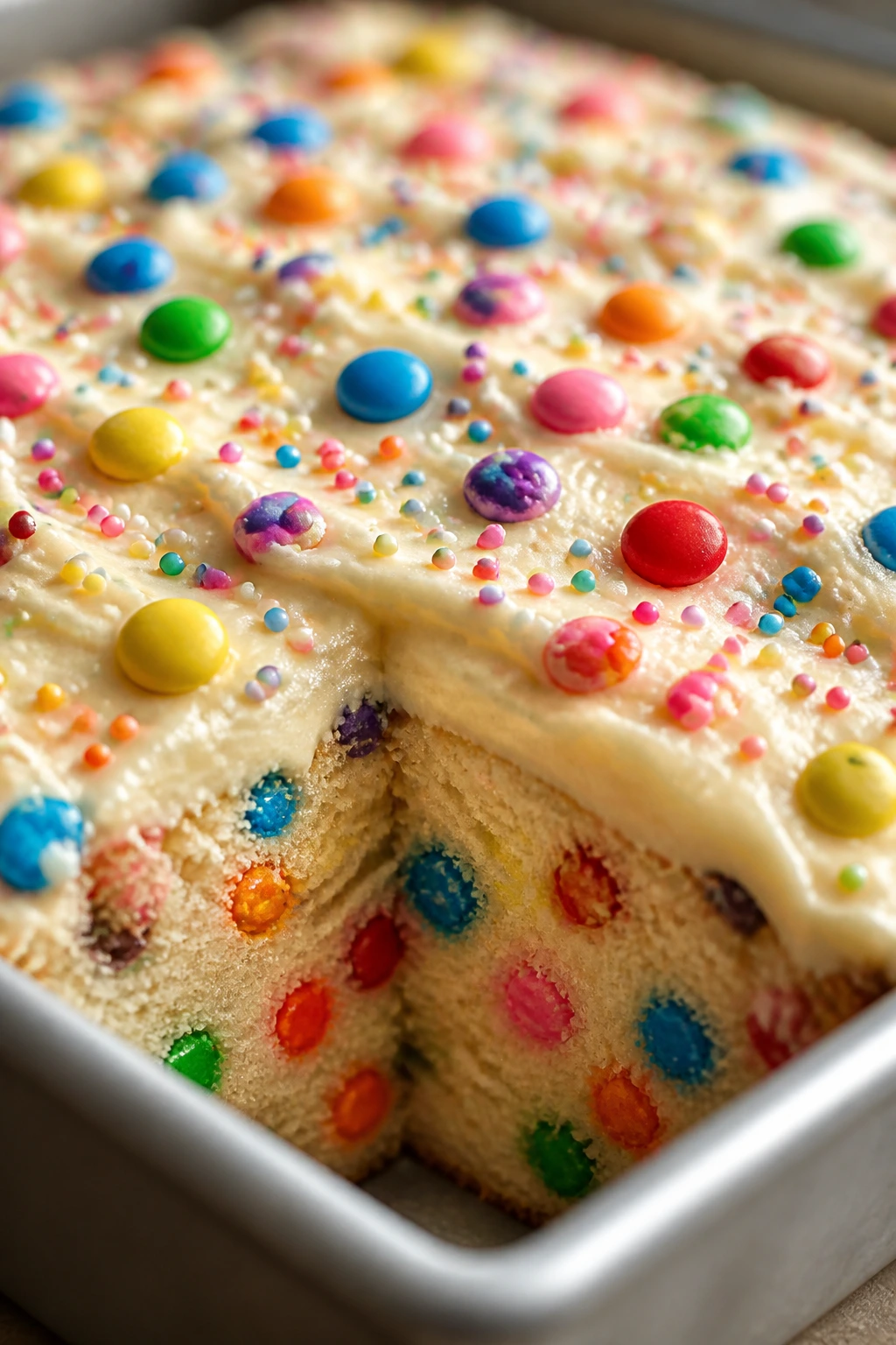 Close-up of vanilla sheet cake with candy toppings in a pan