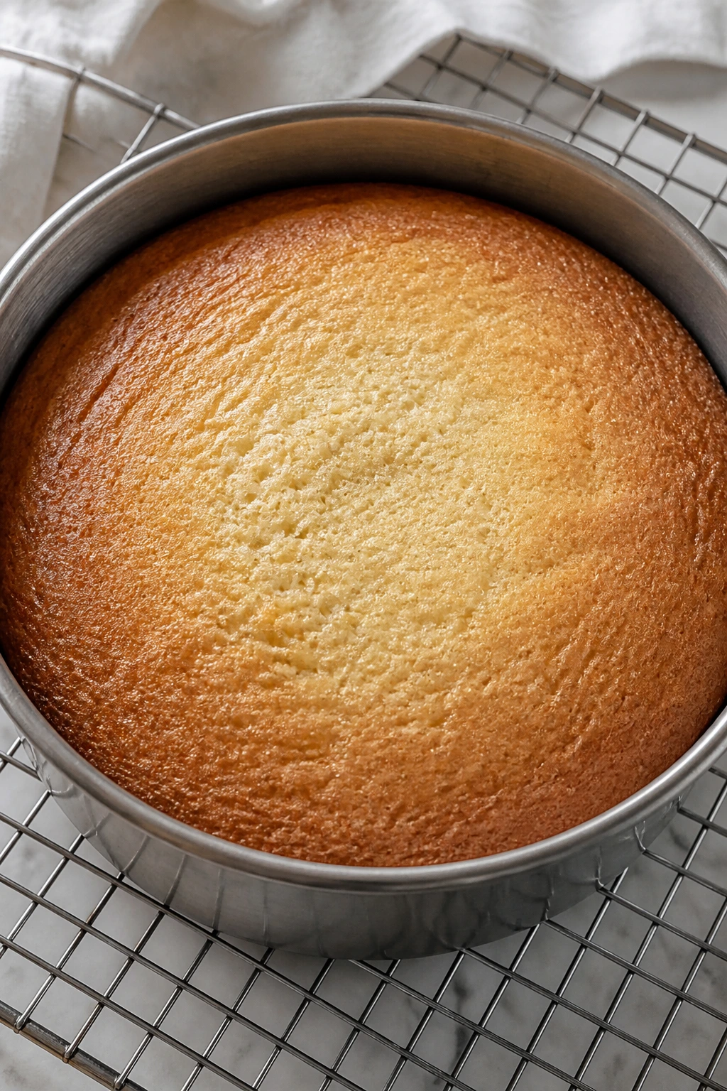 Fresh vanilla cake cooling on a rack with a light, springy crumb.