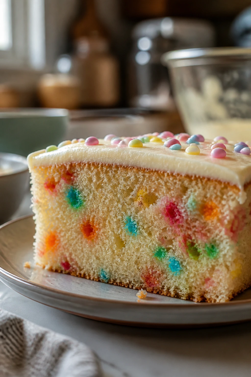 Slice of cake with light, airy crumb