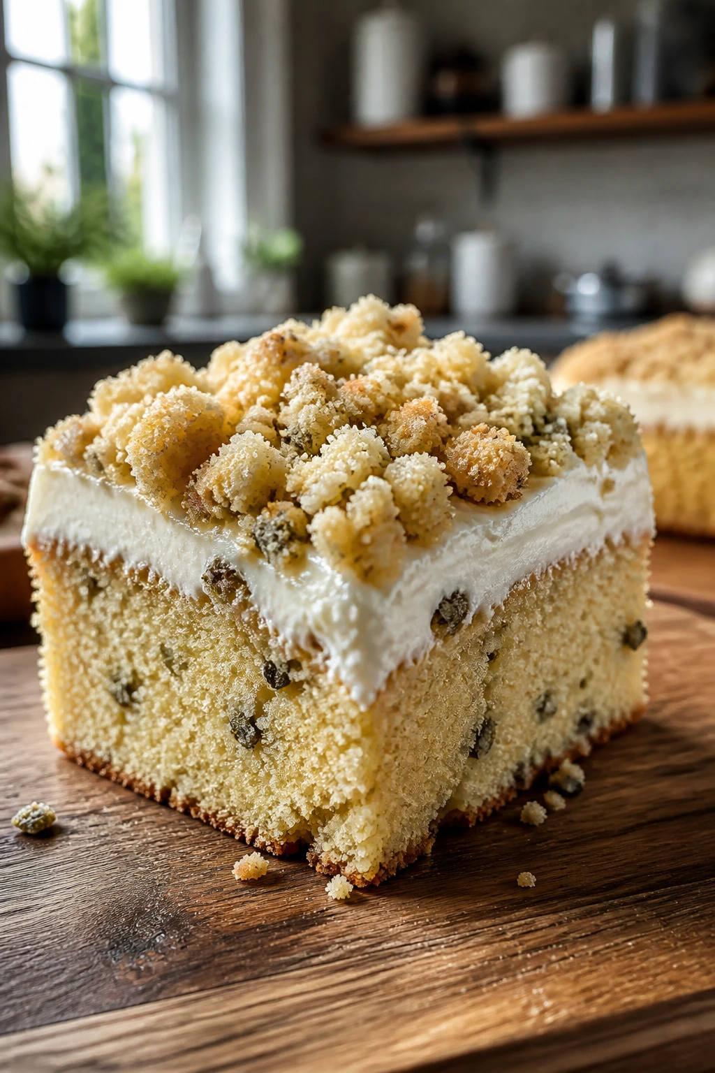 Close-up of vanilla cake slice with crumble topping on wooden board