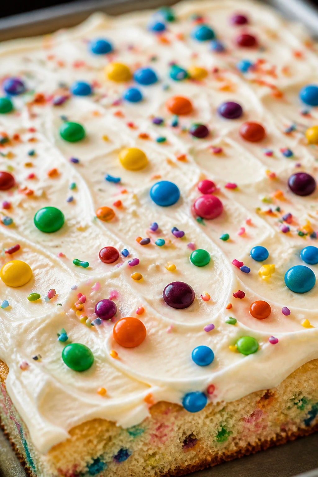 Top of cake with cream cheese frosting and candy toppings