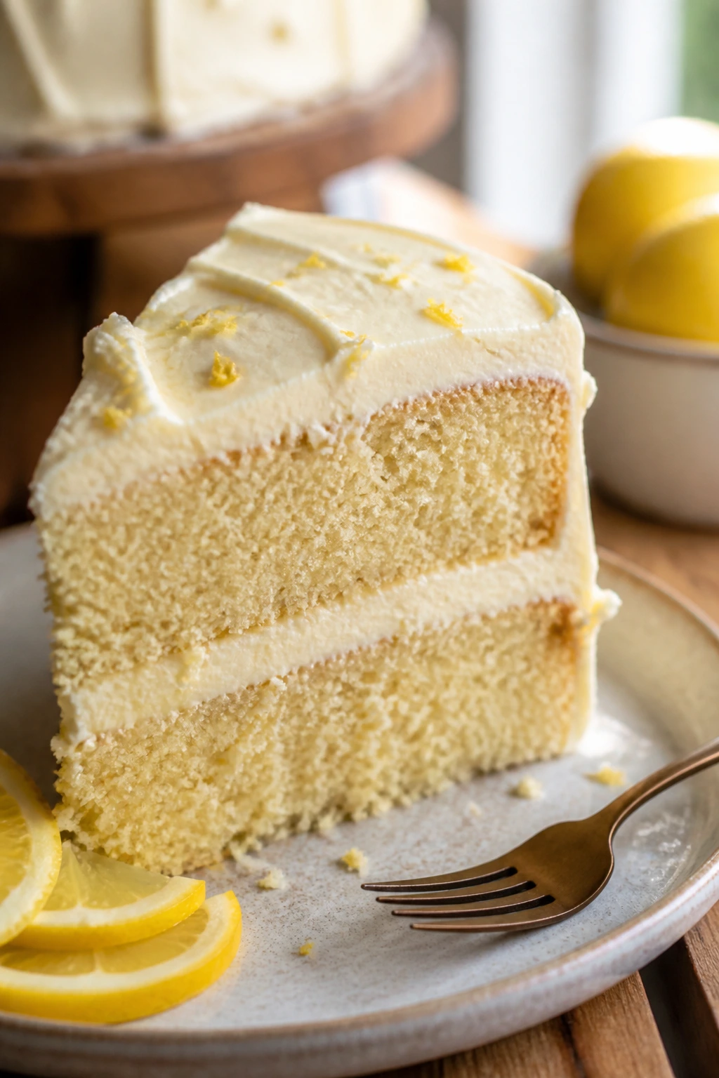 Vanilla cake slice with cream cheese frosting and lemon zest specks