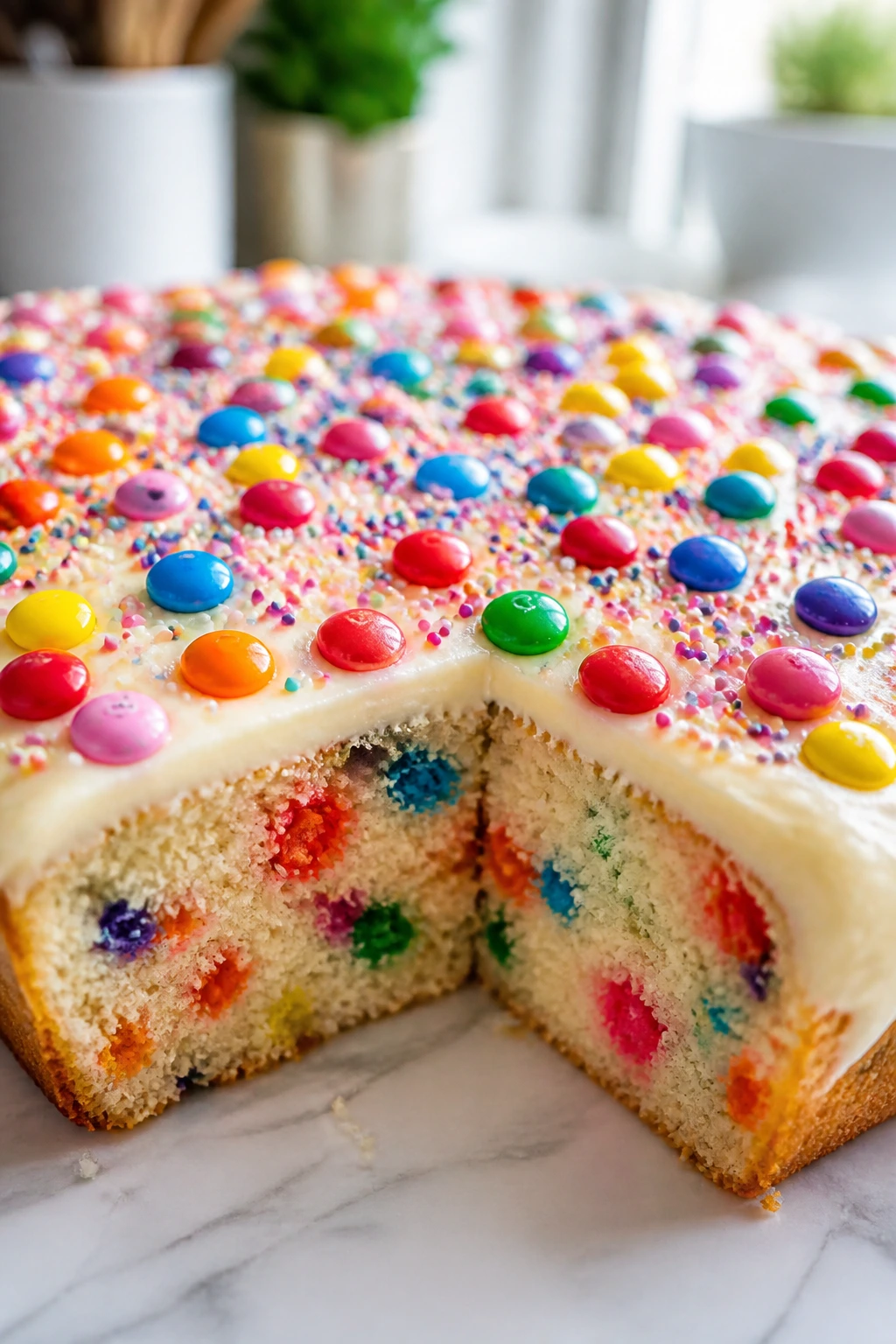 Close-up of colorful candy-topped cake with cream cheese frosting