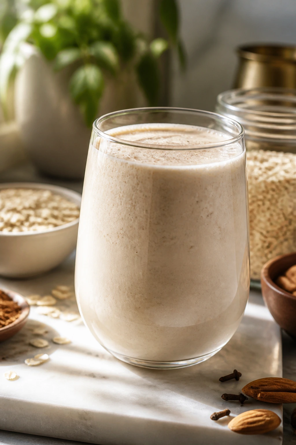 Creamy vanilla chai breakfast smoothie in glass with morning light