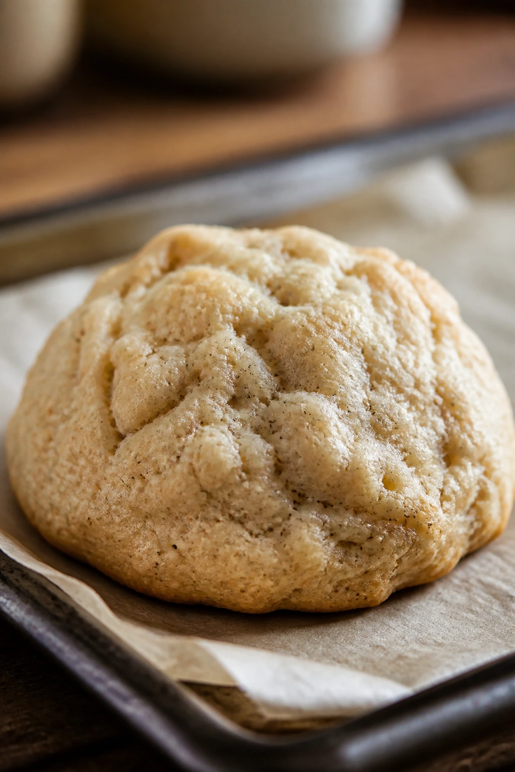 Close-up of vanilla chai drop cookie on parchment in warm kitchen light