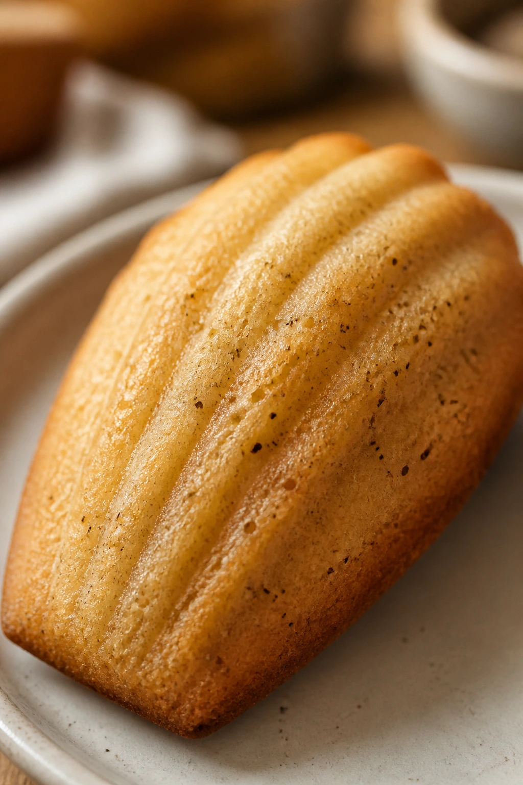Madeleine with vanilla chai spice close-up showing shell texture