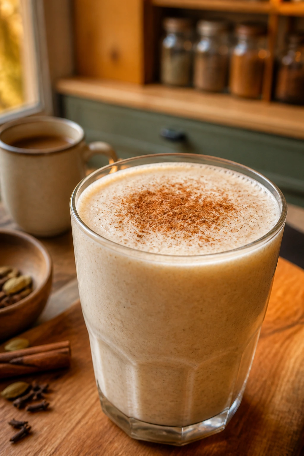 Close-up of Vanilla Chai Smoothie with cinnamon dusting
