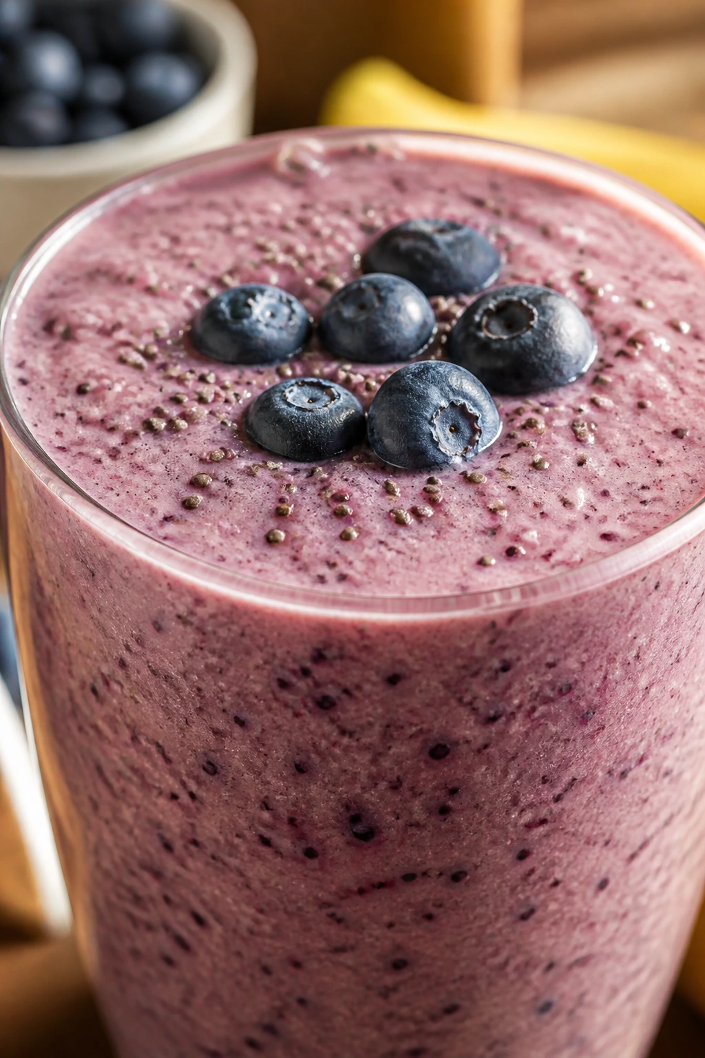 Thick vanilla chia berry smoothie in glass with chia seeds