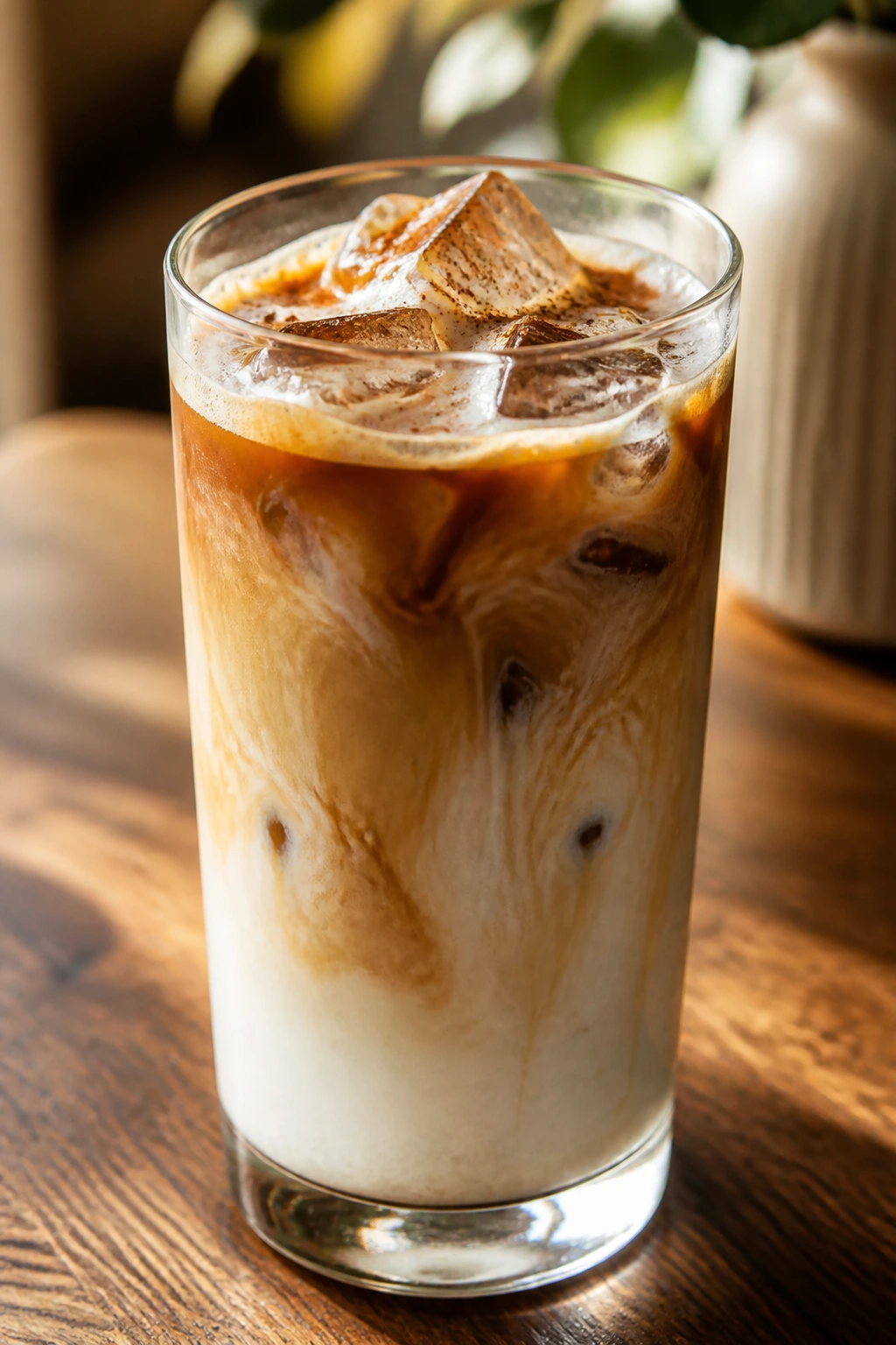 Vanilla cold brew latte in glass with cinnamon