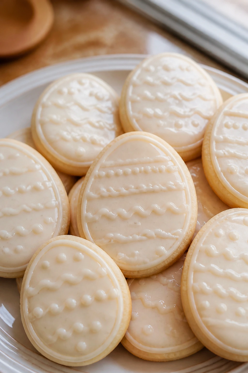 Vanilla glazed Easter egg cookies on a plate