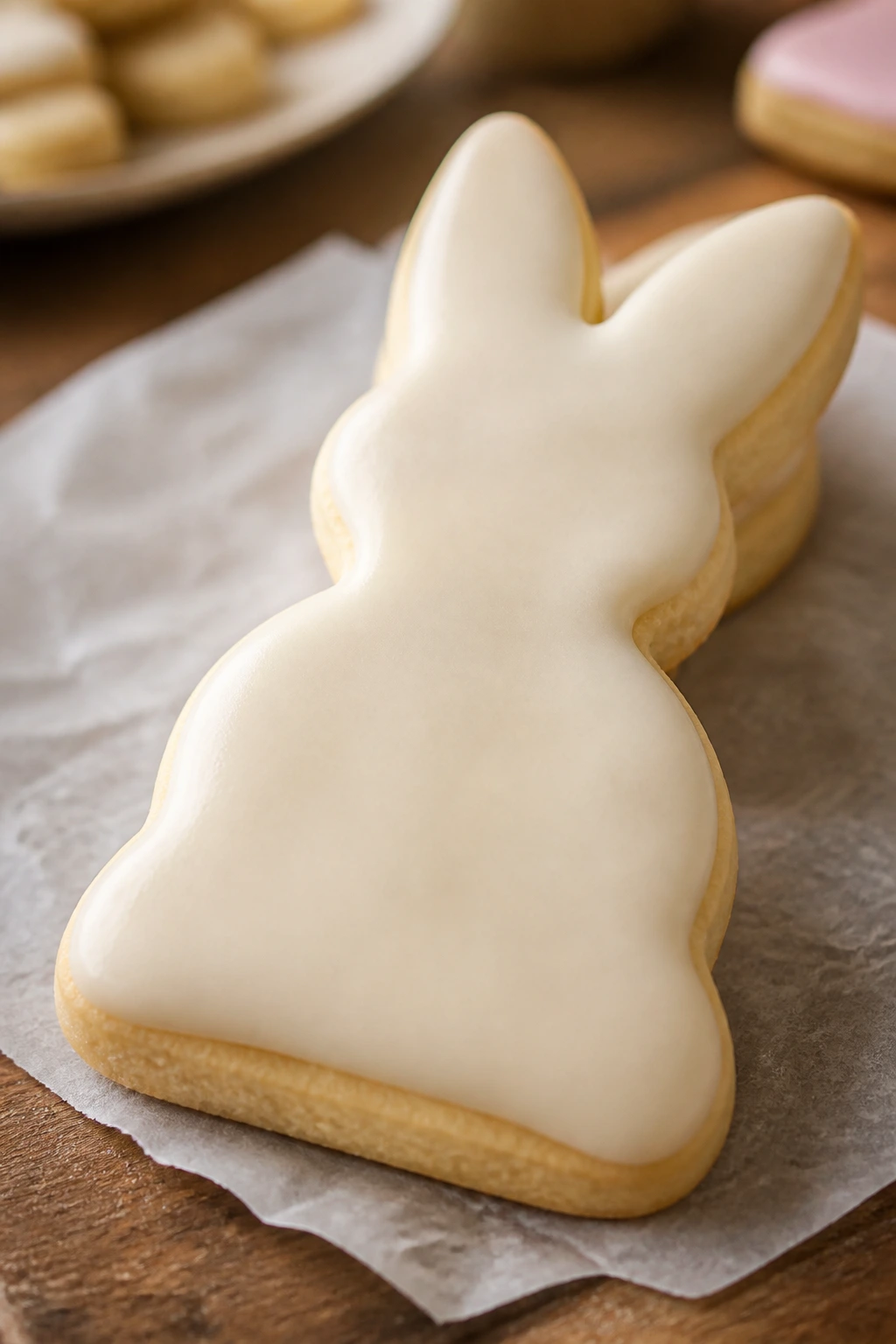 Vanilla cut-out cookie with pale glaze on wooden counter