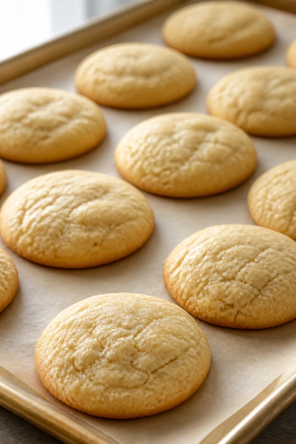 Close-up of pale domed vanilla drop cookies on parchment in a bright kitchen