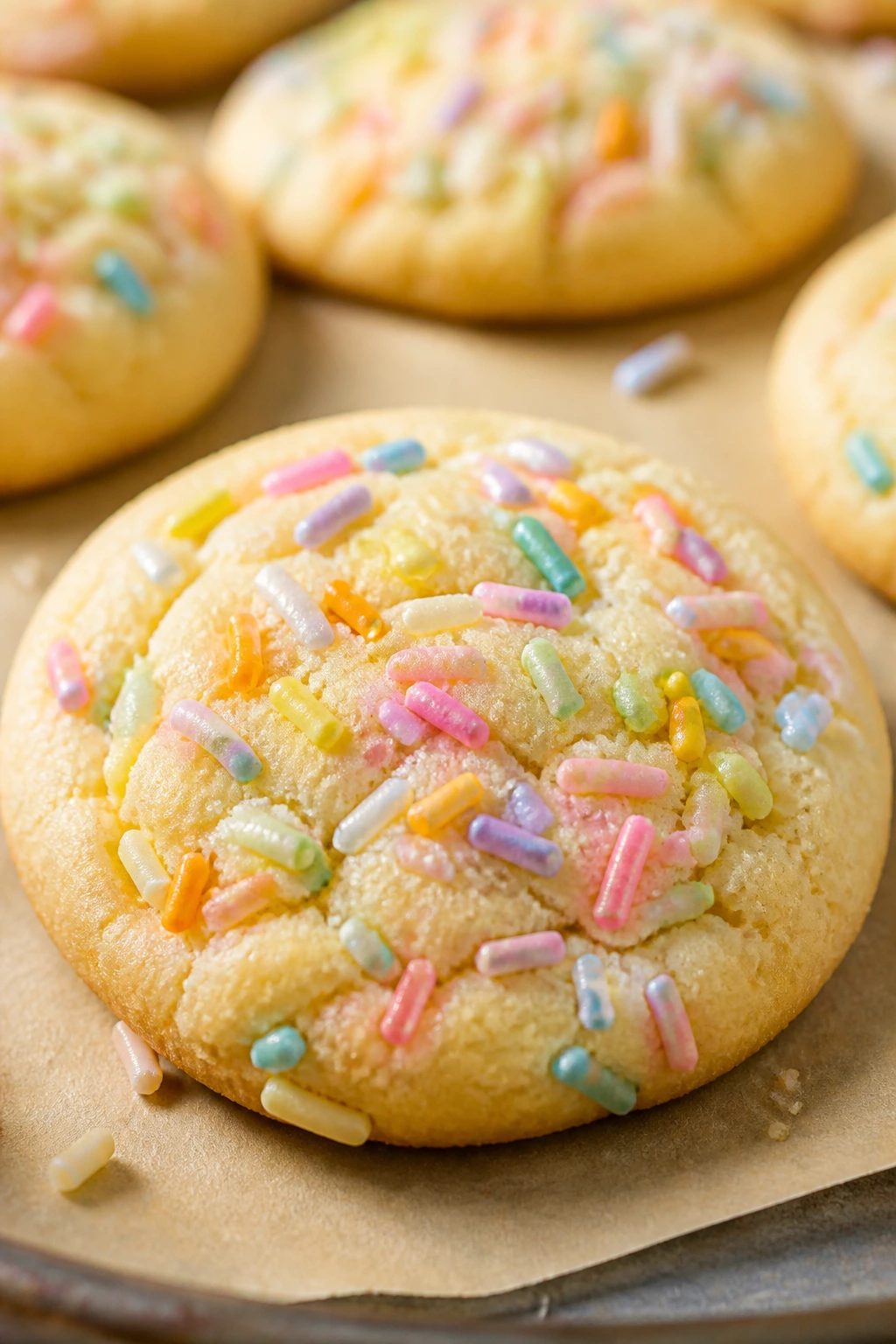 Close-up of pastel sprinkle vanilla drop cookie in sunlit kitchen