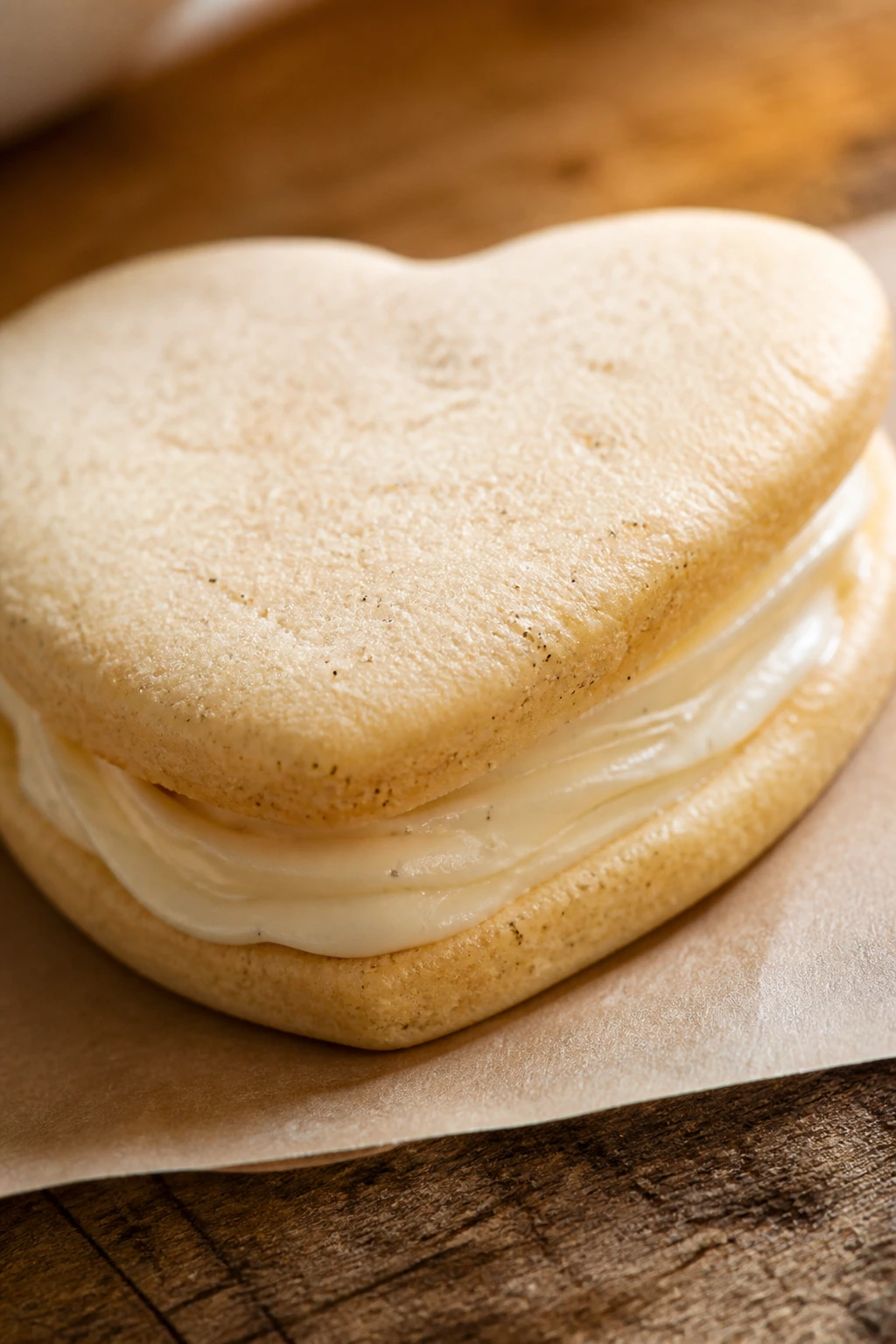 Close-up of a heart-shaped vanilla sandwich cookie with vanilla cream filling on wood.