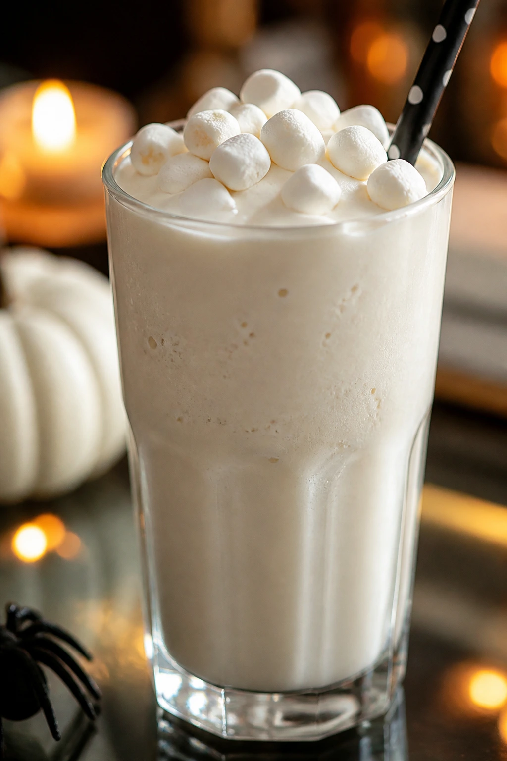 Close-up of Vanilla Marshmallow Ghost Smoothie in a clear glass with mini marshmallows on top