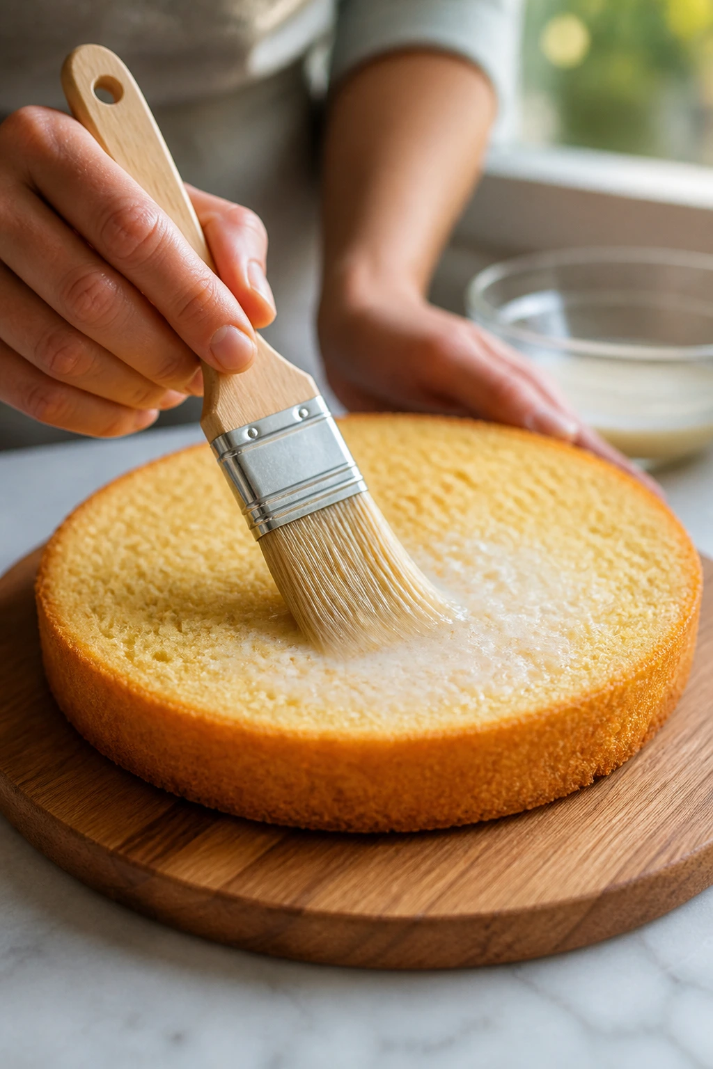 Pastry brush applying vanilla milk to a cake layer.