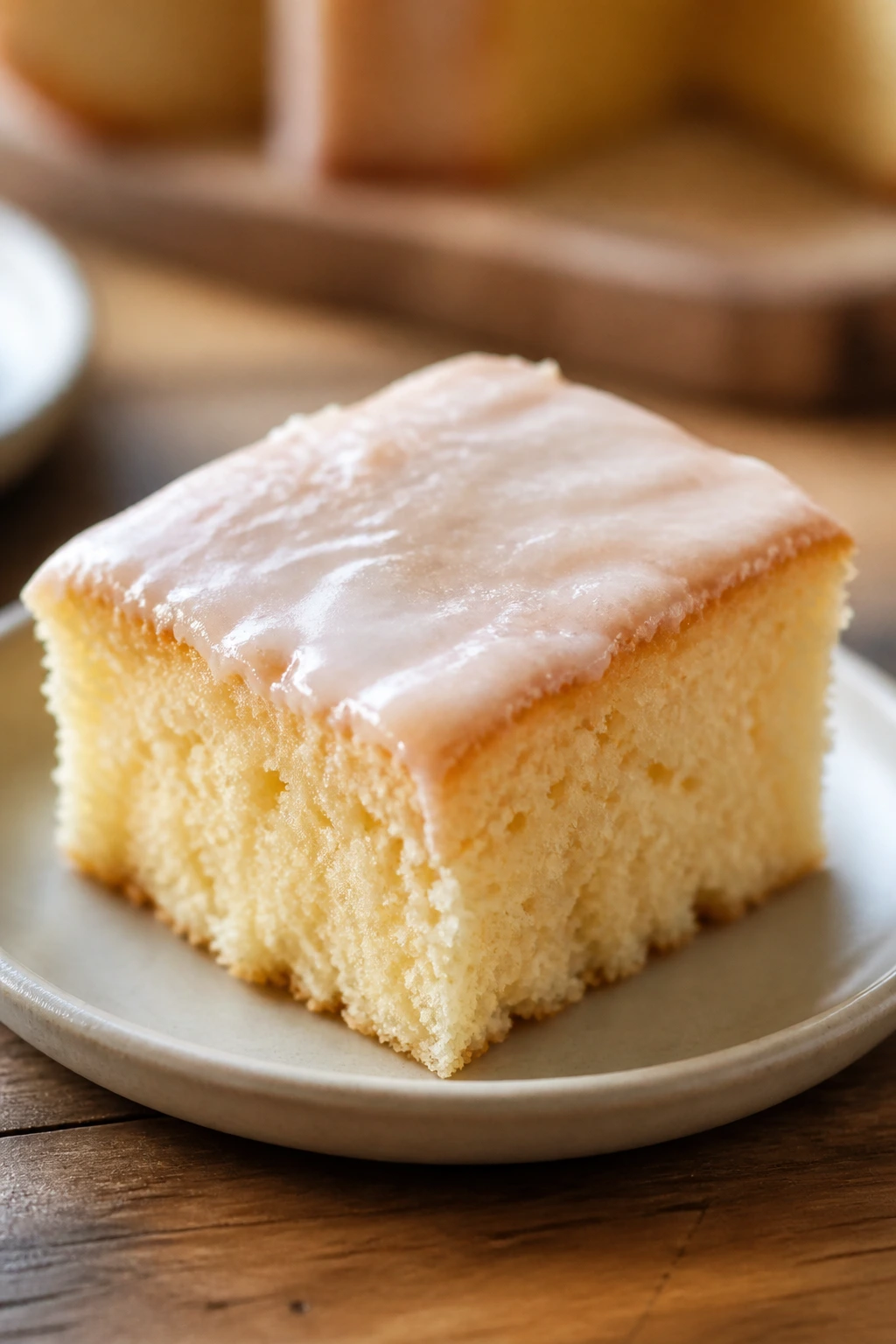 Close-up of a vanilla mini tea cake square on a plate.