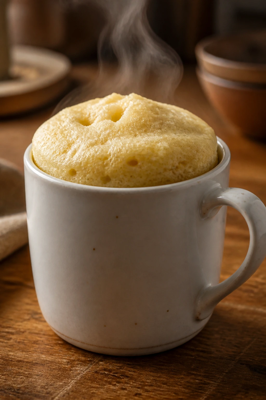Steam rising from a vanilla mug cake in a ceramic mug