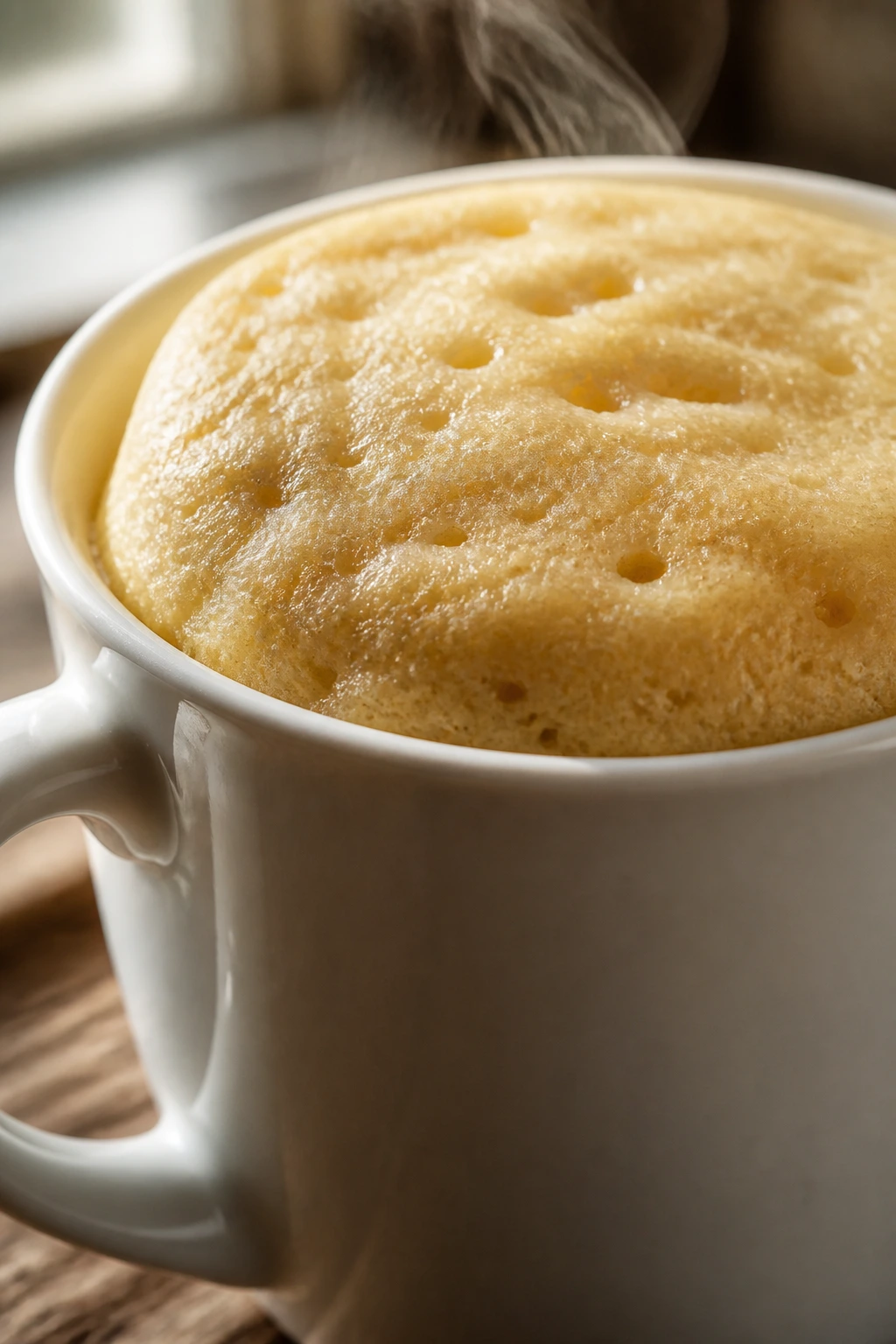 Close-up of vanilla mug cake in a white mug with warm kitchen light