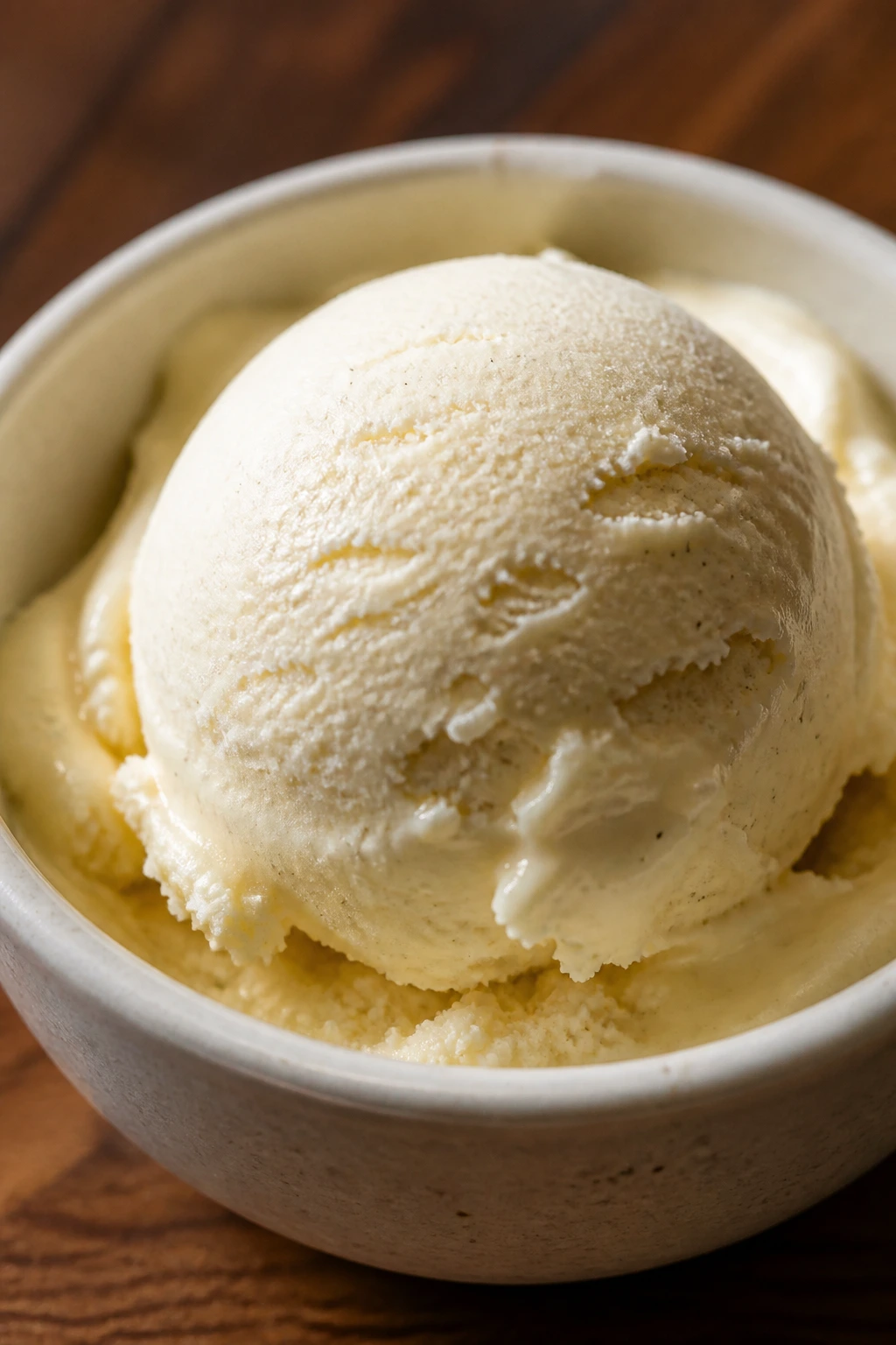 Scoop of vanilla no-churn ice cream in a ceramic dish