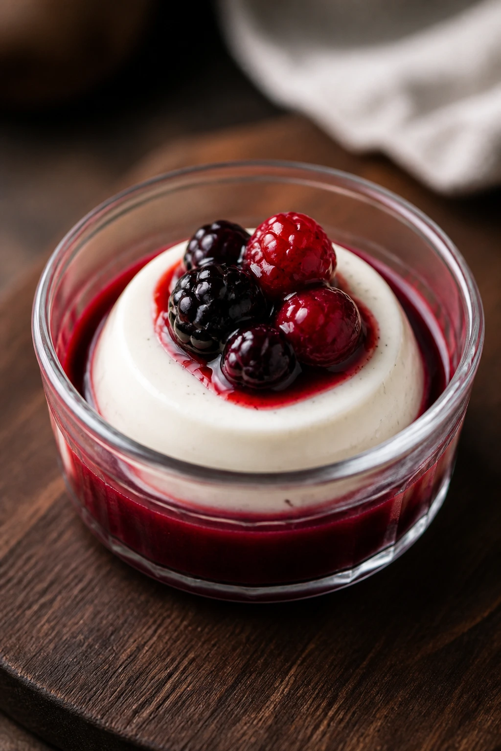 Vanilla panna cotta in ramekin with berry sauce.