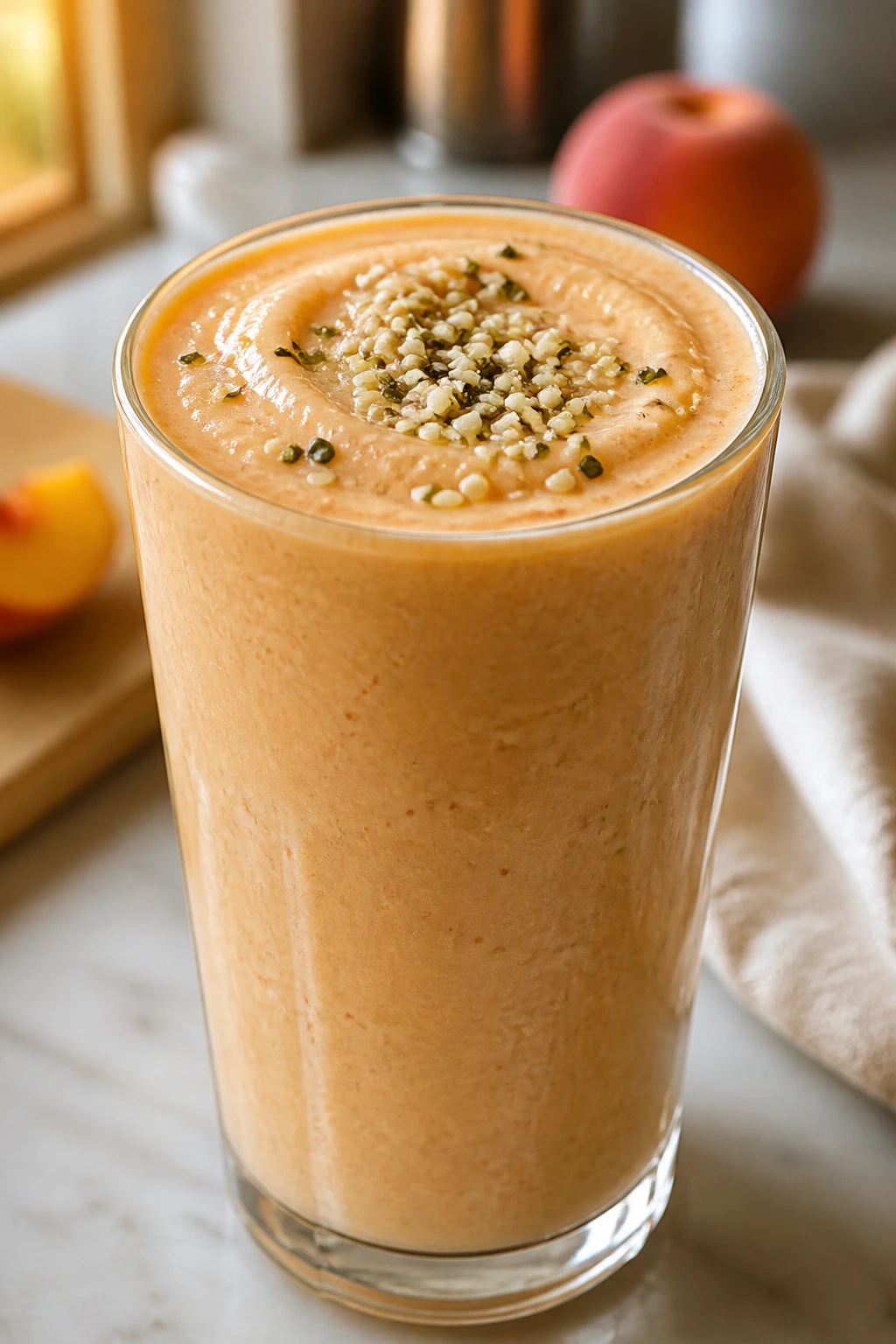 Creamy Vanilla Peach Hemp Smoothie in a glass on a kitchen counter