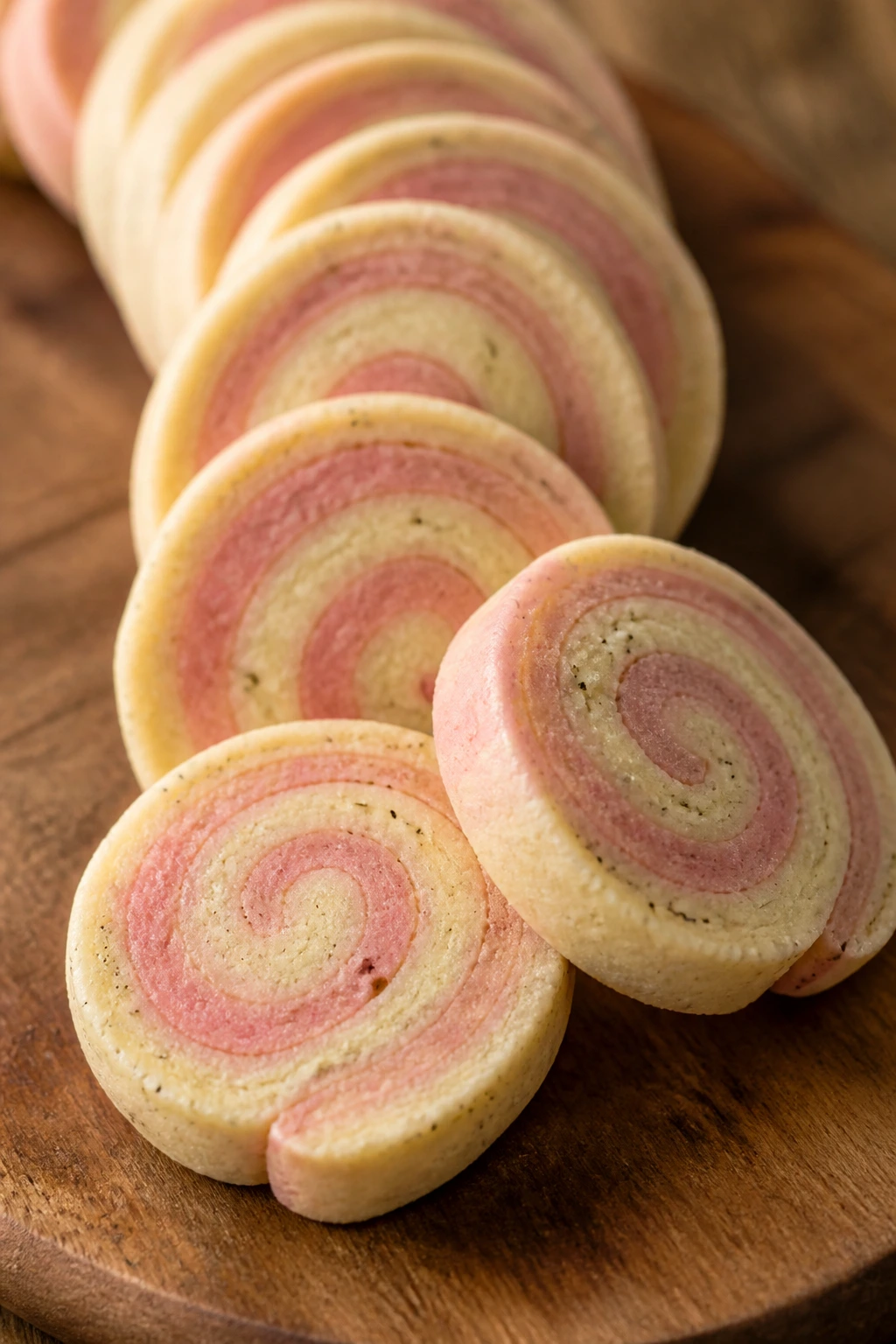 Close-up of two-tone vanilla bean pinwheel cookies on a wooden board