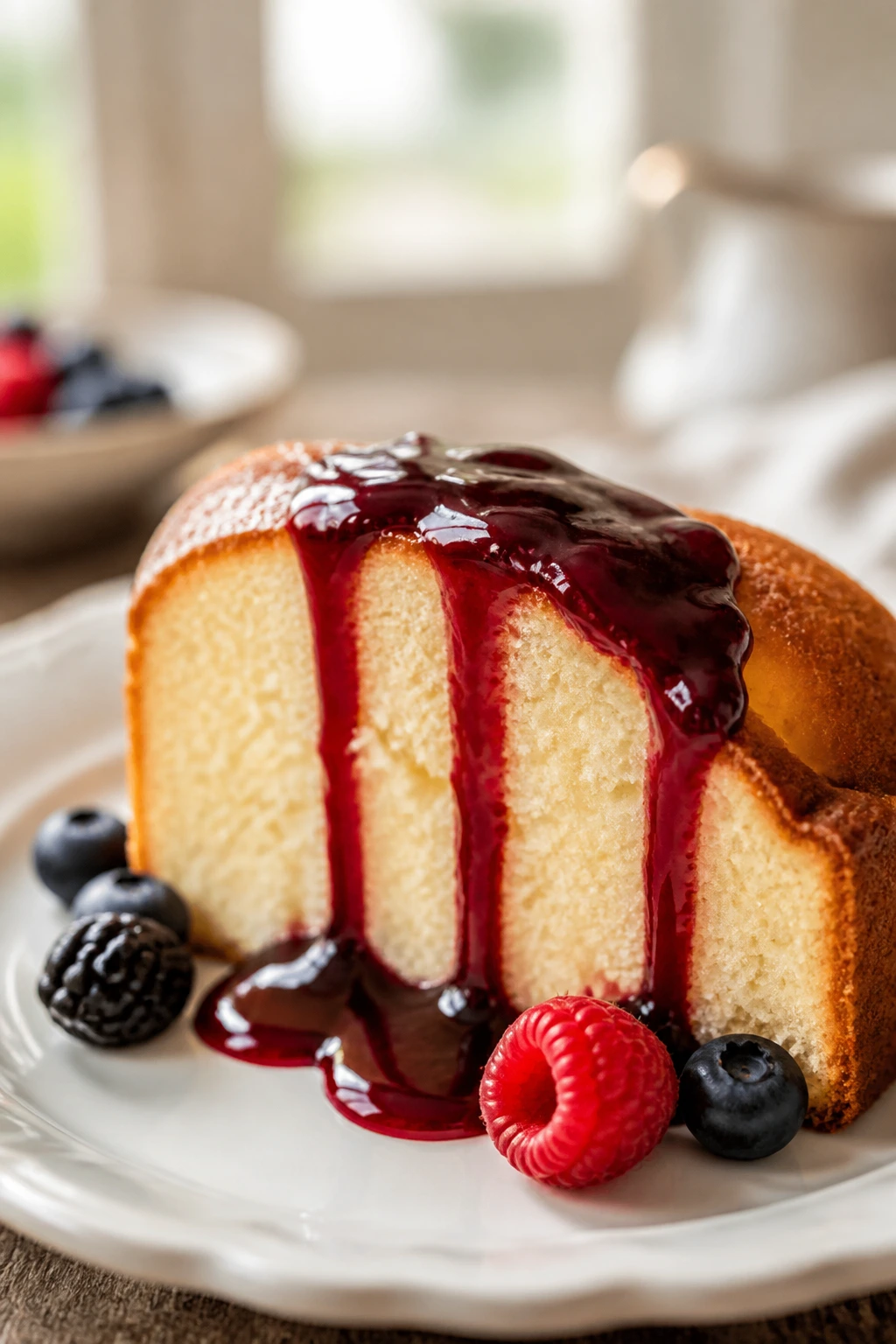 Slice of vanilla pound cake with berry syrup on plate