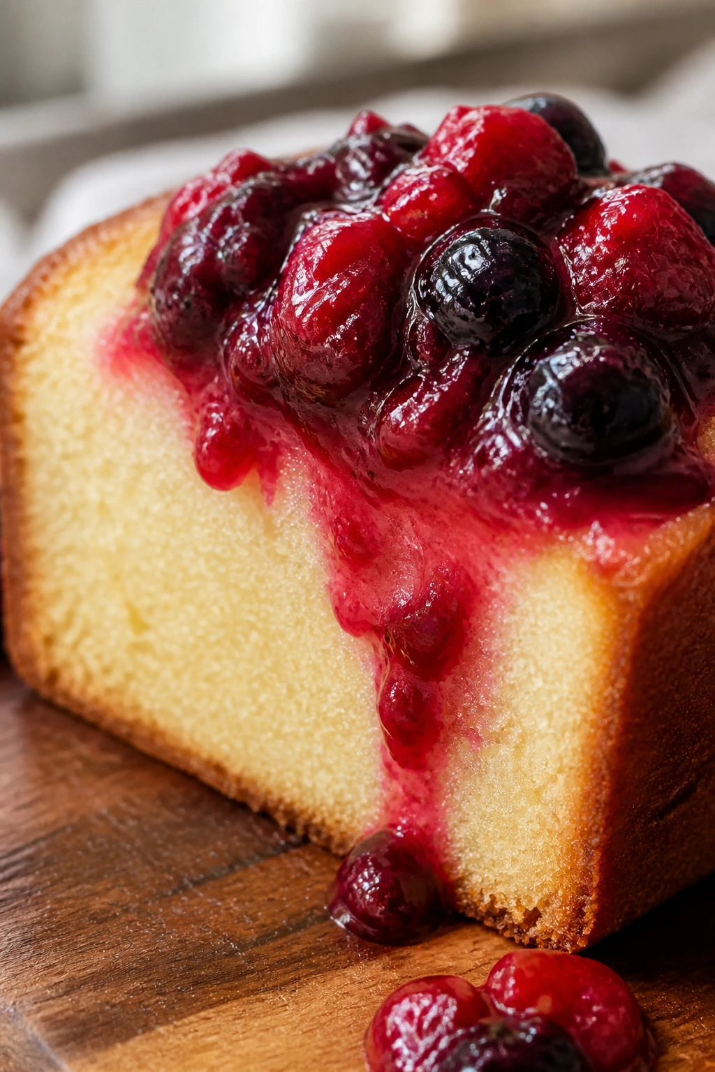 Vanilla sour cream pound cake slice with berry compote