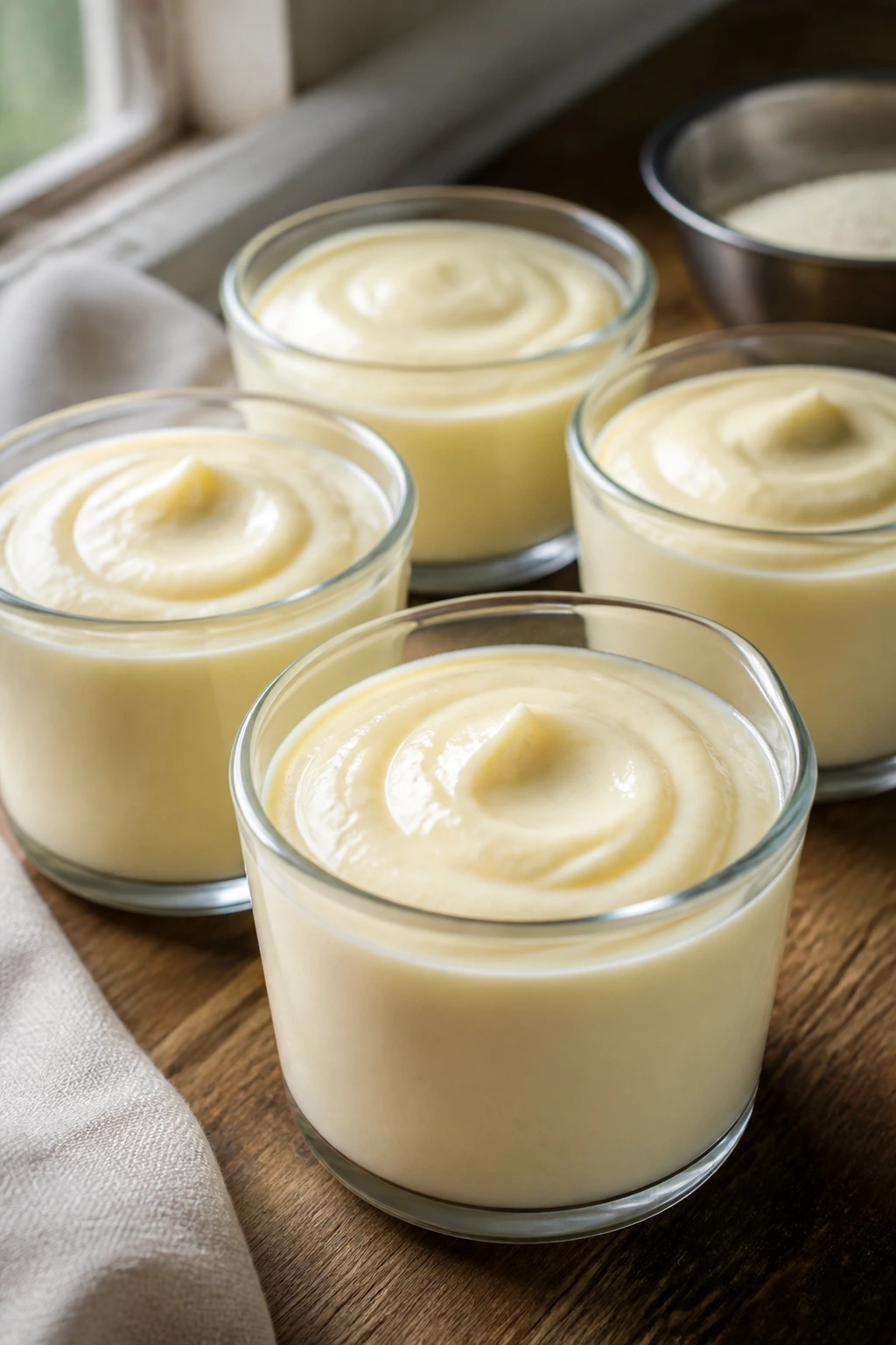 Close-up of silky vanilla protein pudding cups on a wooden counter