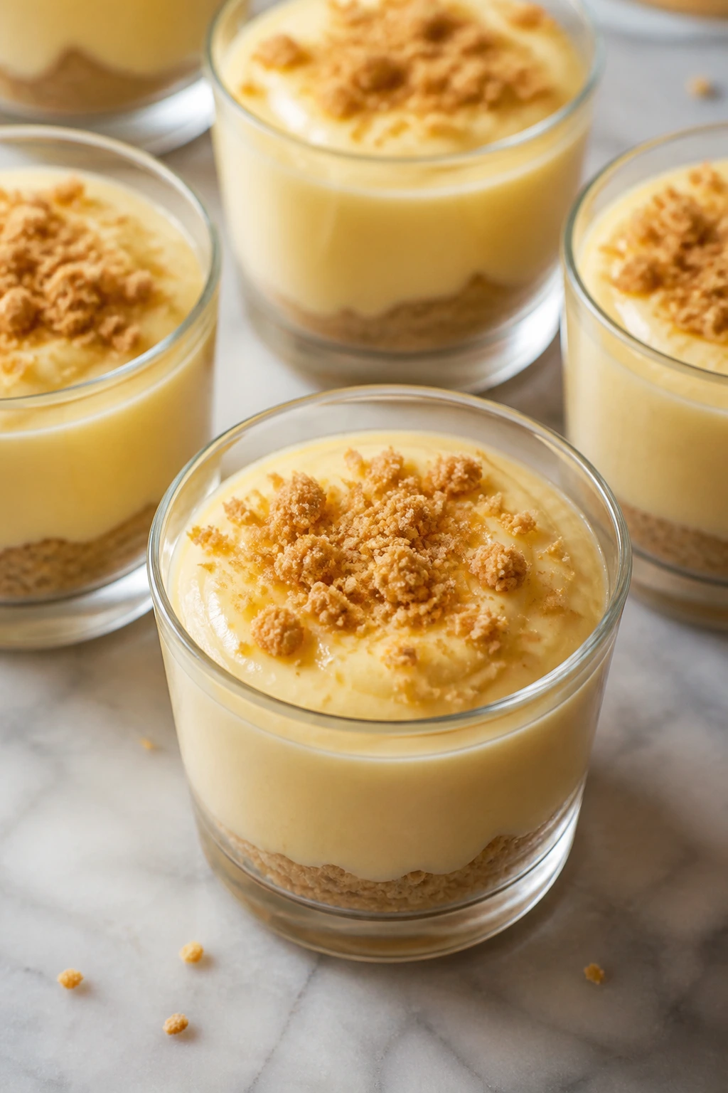 Vanilla pudding cups topped with cookie crumbs on a countertop
