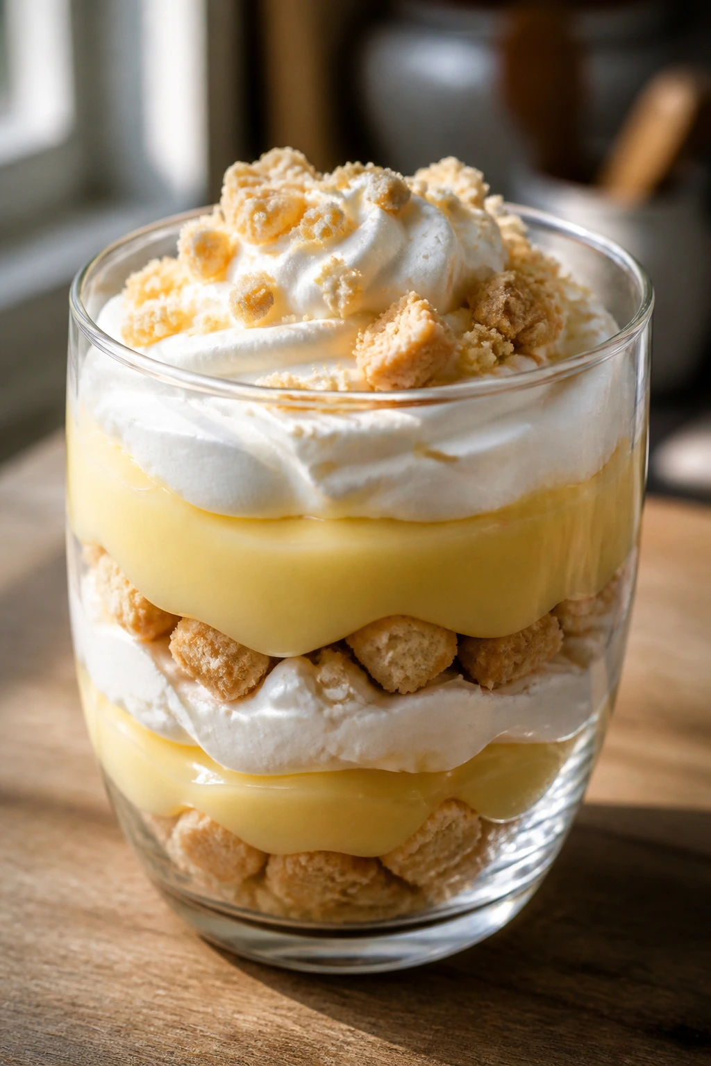 Close-up of vanilla pudding parfait in a glass showing layered pudding, whipped topping, and cookie crumbs