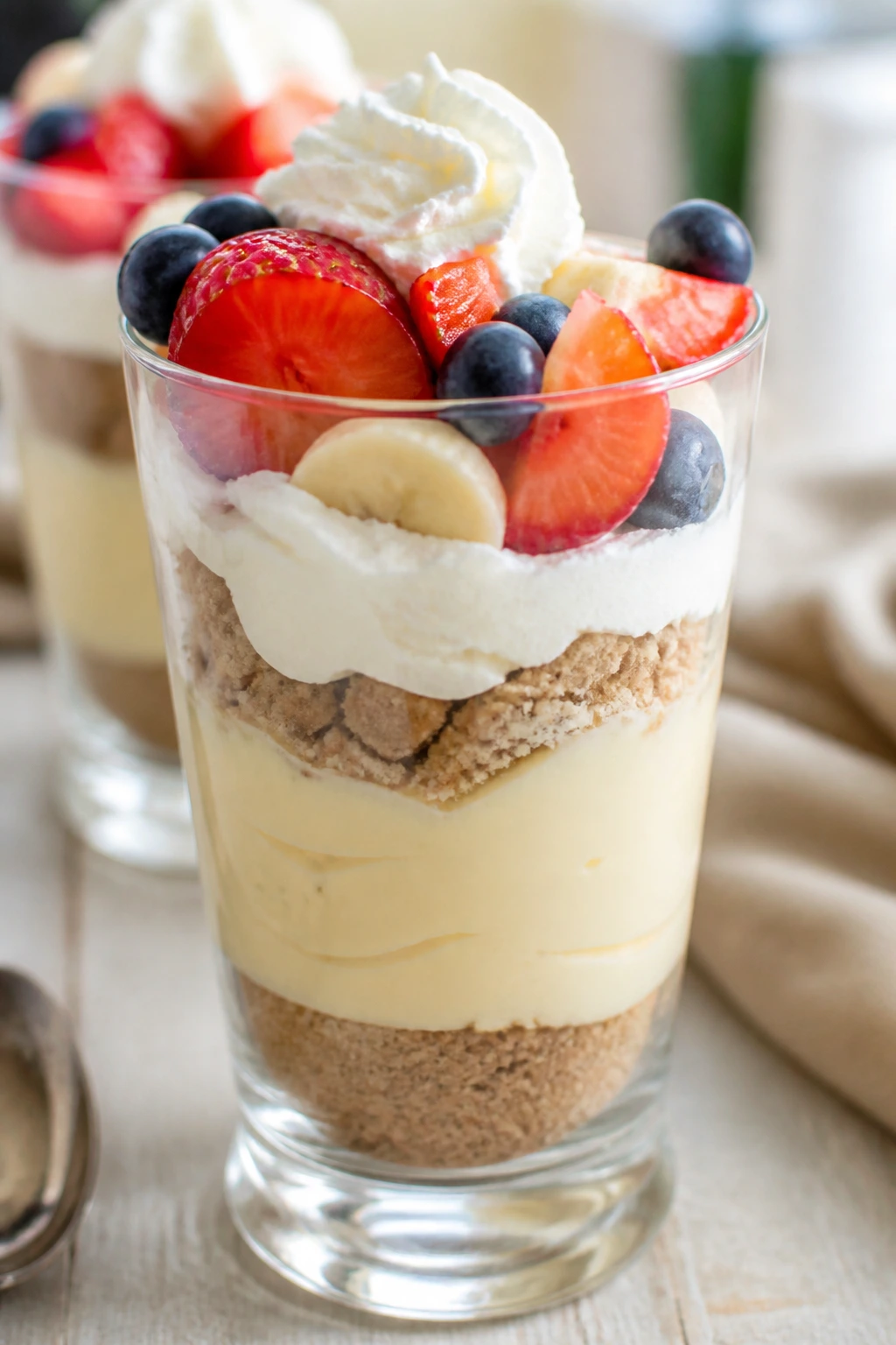 Tall clear dessert glass with layers of vanilla pudding and crumbs