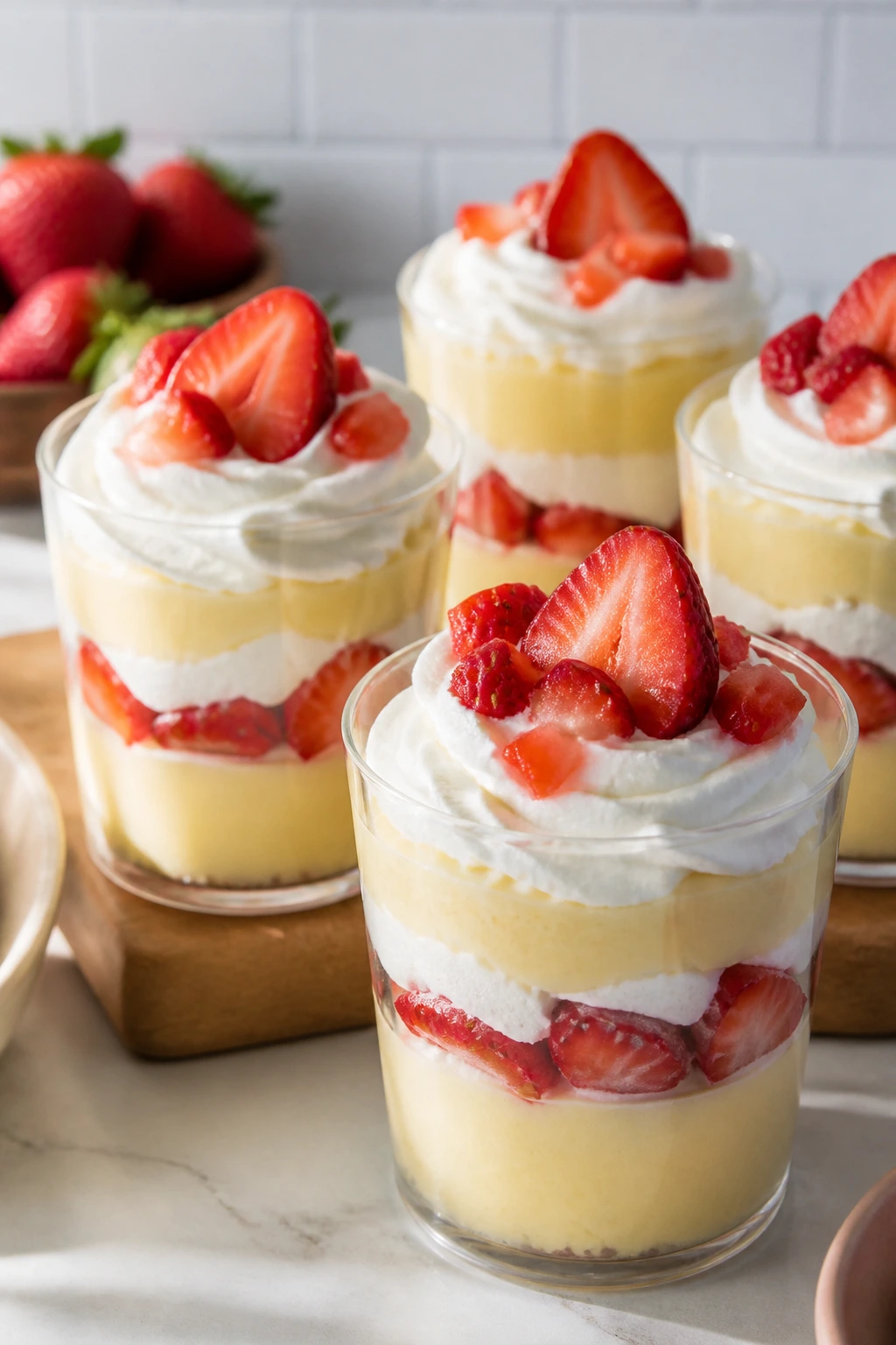 Layered vanilla pudding parfaits in clear cups on a kitchen counter