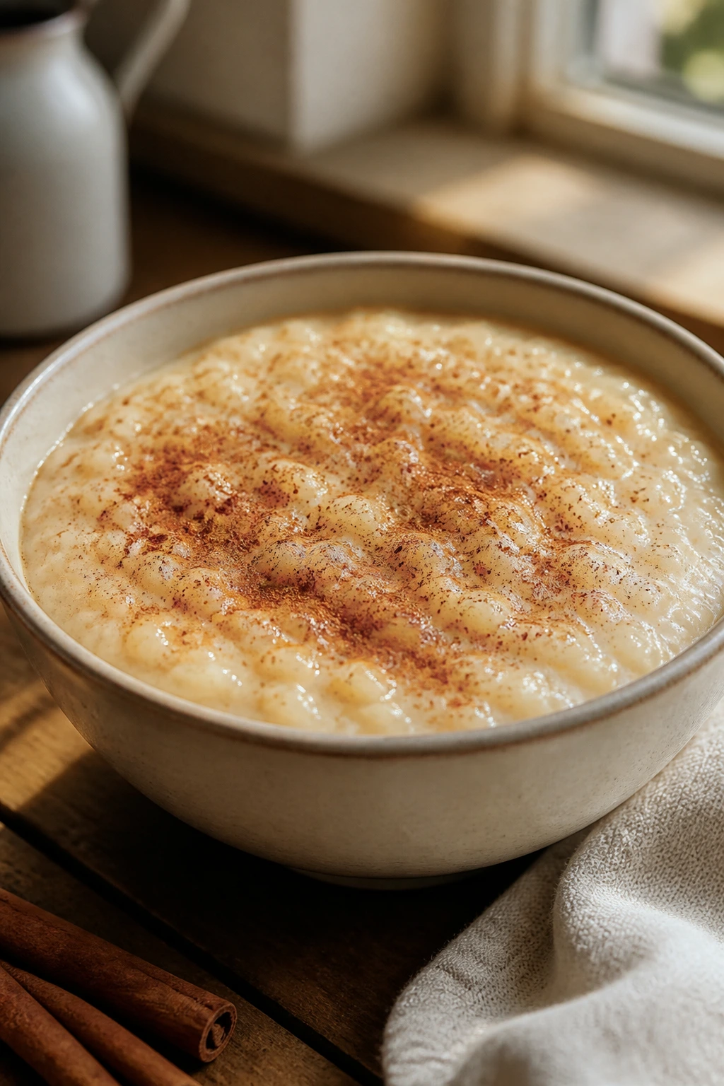 Creamy vanilla rice pudding with cinnamon in a bowl