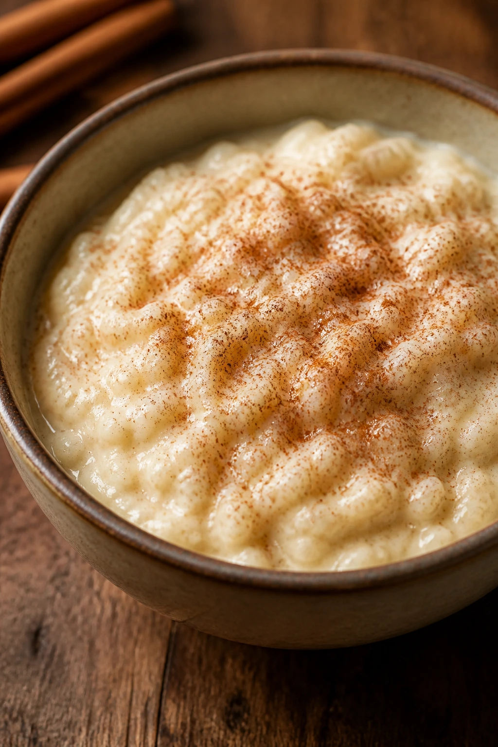 Creamy vanilla rice pudding with cinnamon in a bowl