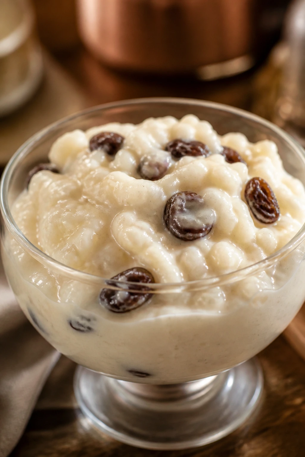 Medium close-up of creamy vanilla rice pudding with raisins in a glass cup