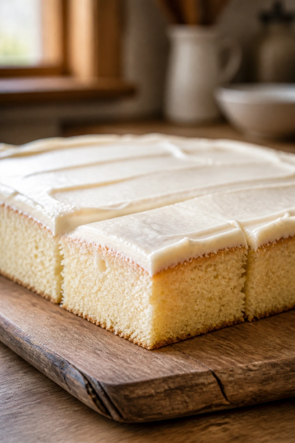 Close-up vanilla sheet cake on a rustic board