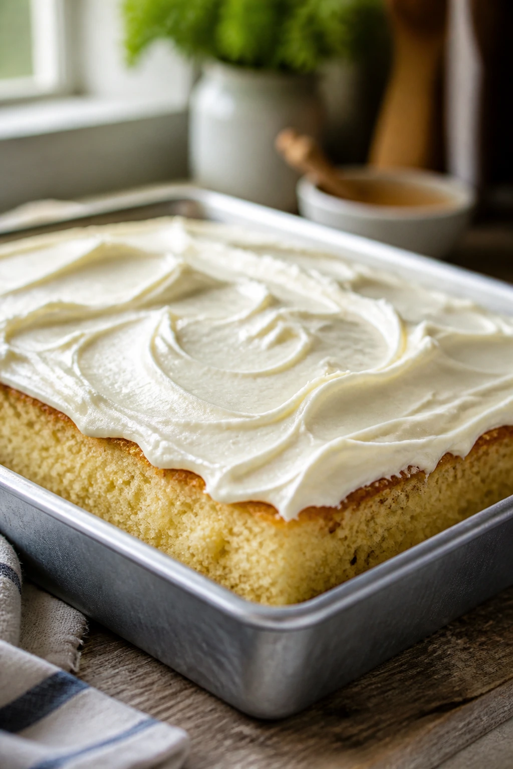 Close-up of vanilla sheet cake with cream cheese frosting in a metal pan on kitchen counter
